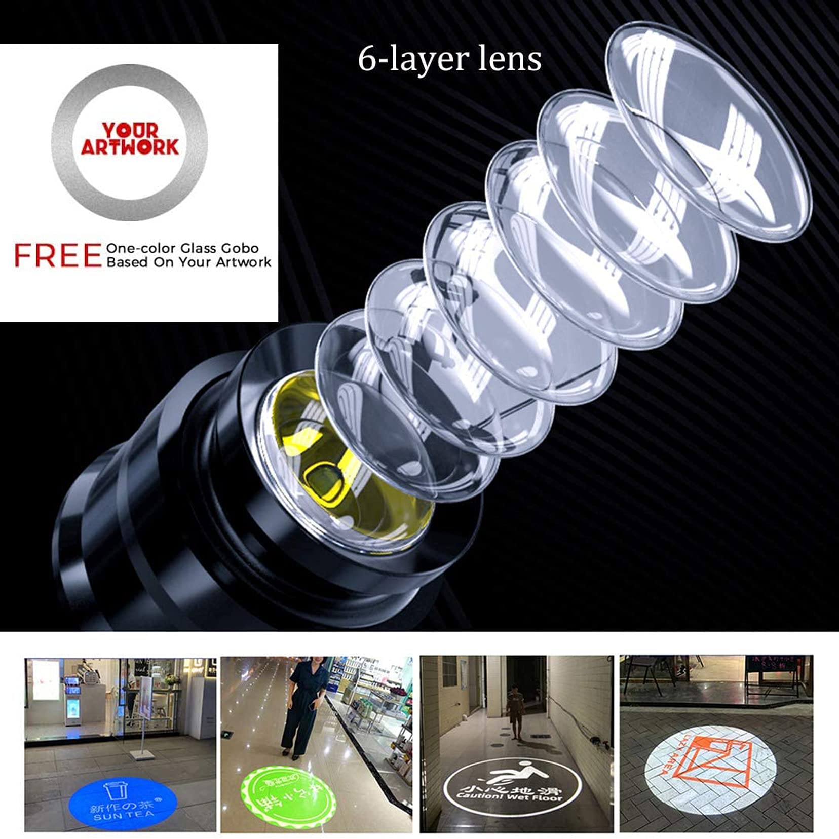 Proiettore con Logo Impermeabile IP67 per Esterni, Luce pubblicitaria Personalizzata, Zoom Manuale, Telecomando, GOBO in Vetro Personalizzato Gratuito (Nero,15W)