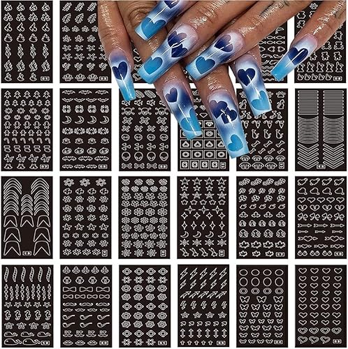Airbrush Nail Art Stickers Stencil Reusable, 24 Sheets French Butterfly Flower Heart Moon Star Christmas Nail Decals Printing Template Stencil Tool self-Adhesive DIY Nail Designs Nail Art Decorations