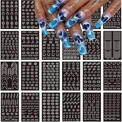Airbrush Nail Art Stickers Stencil Reusable, 24 Sheets French Butterfly Flower Heart Moon Star Christmas Nail Decals Printing Template Stencil Tool Self-Adhesive Diy Nail Designs Nail Art Decorations #TOP3