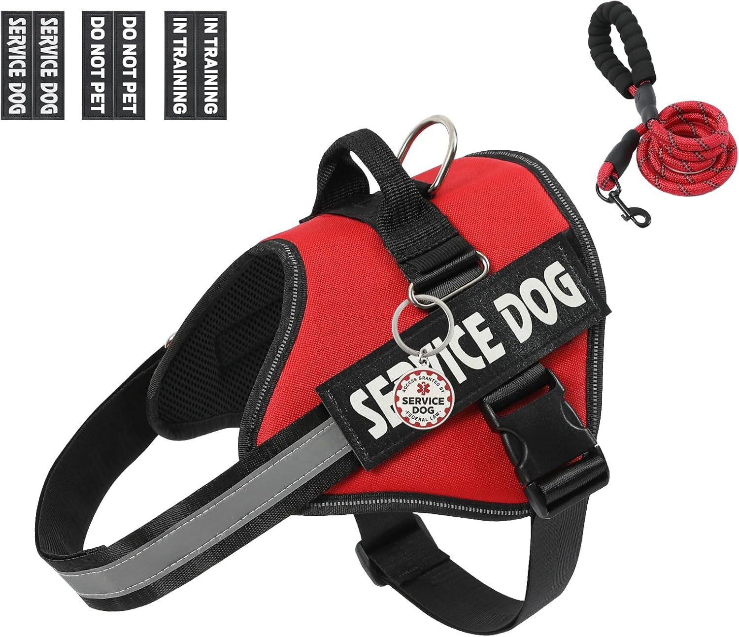 VOOPET Service Dog Vest Harness+ ID Tag and Leash Set+6 Patches,No Pull&Adjustable Reflective Dog Harness for Training,Suitable for Small Medium and Large Dogs.