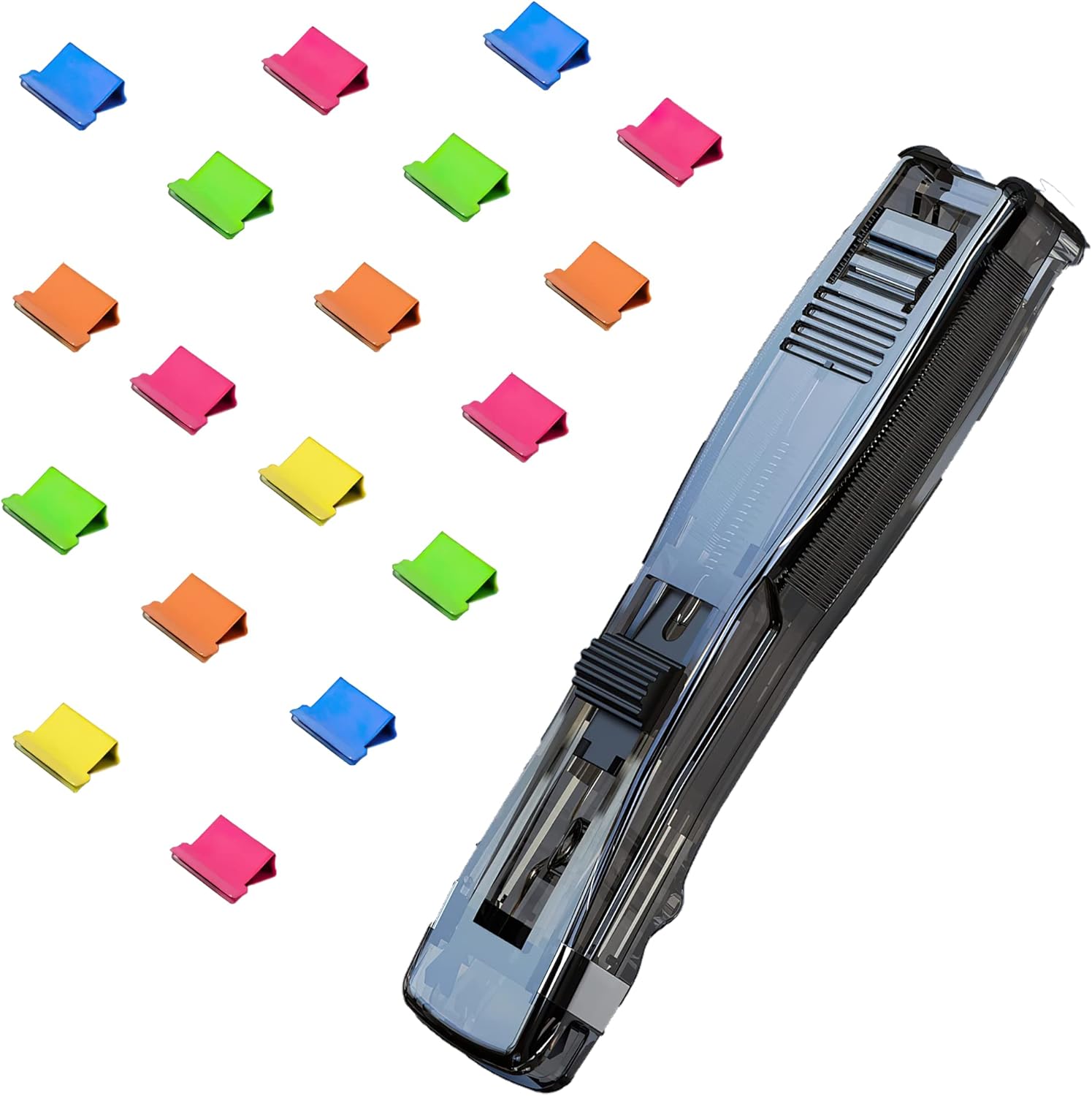 JHXIZO nueva grapadora, juego de minigrapadora de empuje con 50 piezas de grapas reutilizables, fácil de usar, diseño ergonómico para oficina, hogar, útiles escolares(Clip de color negro )