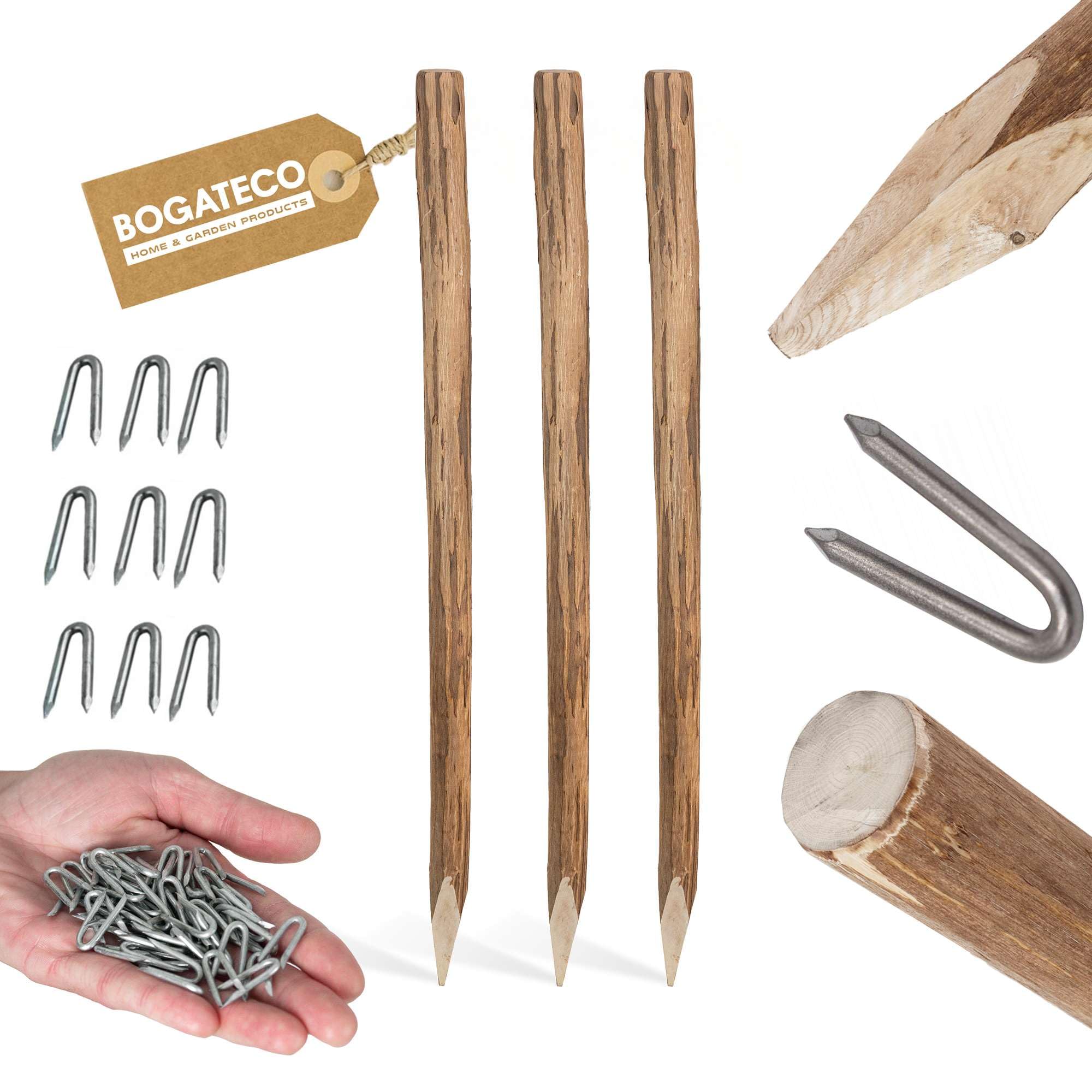 BOGATECO Valla de estacas de madera de avellana, 120 x 500 cm, con postes de 150 cm, distancia entre láminas de 7 a 8 cm, perfecta como valla de jardín, valla de madera, postes duraderos