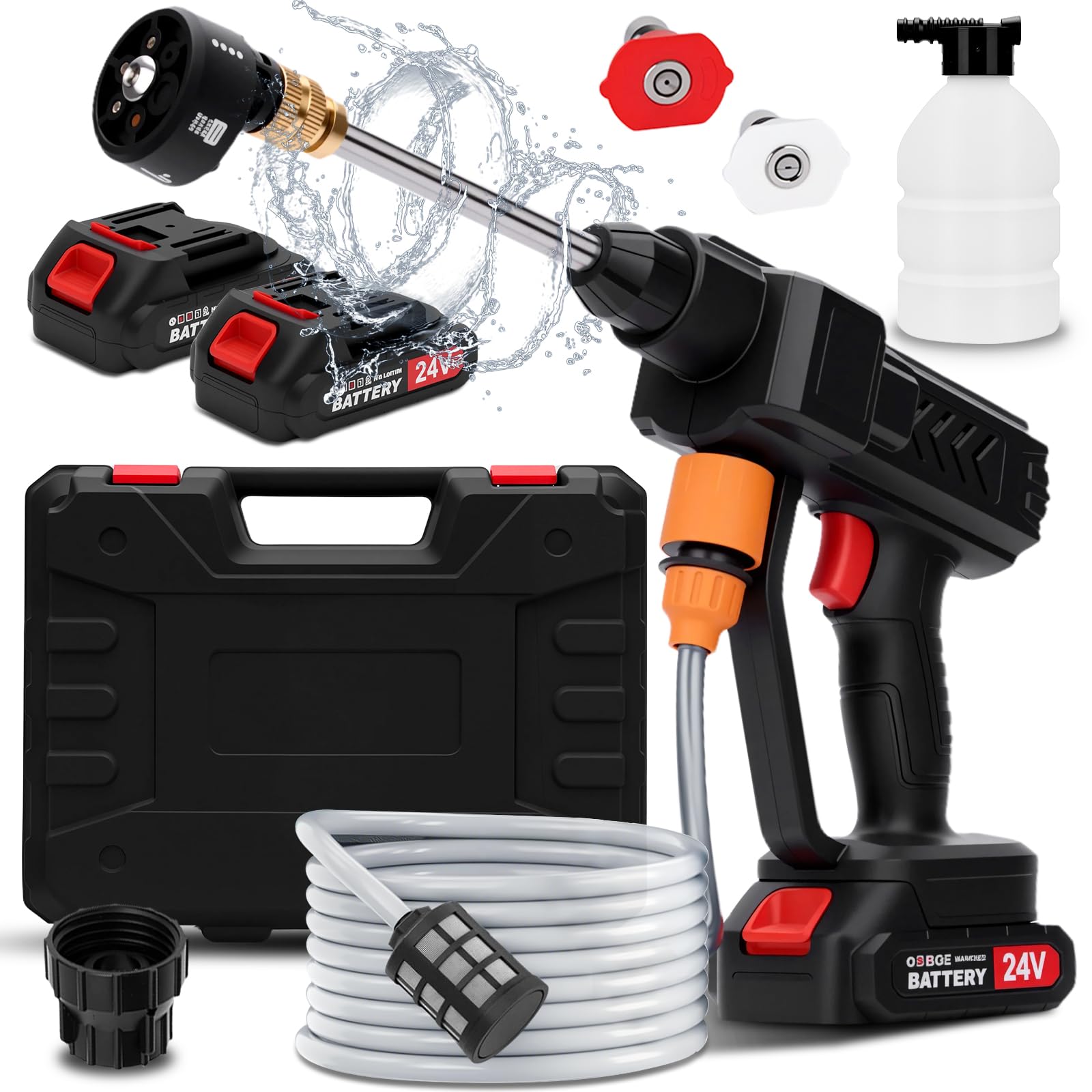 Hidrolimpiadora Bateria, 362PSI Hidrolimpiadora Portátil, Limpiador de Alta Presión, Pistola de Agua a Presión con 2 Baterías, Boquilla 6 en 1, Manguera 5m, para Limpiar Coche, Terraza, Jardín
