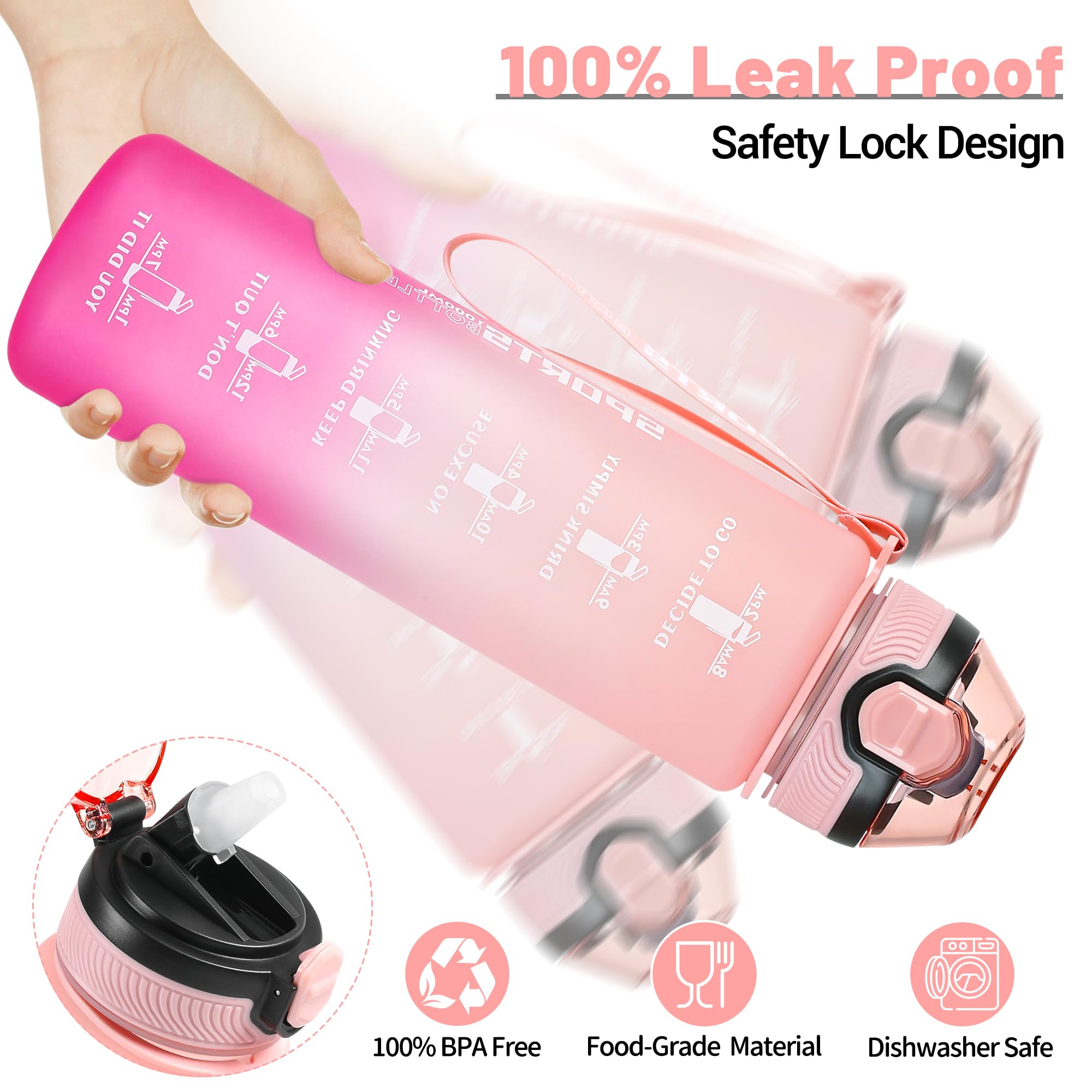 DUNSOO Borraccia 1L, Borraccia con Cannuccia con Del Tempo Motivazionale, Borraccia Sportiva, Tritan Senza BPA Bottiglia Acqua, con Spazzola per la Pulizia per Palestra, Yoga - Rosa