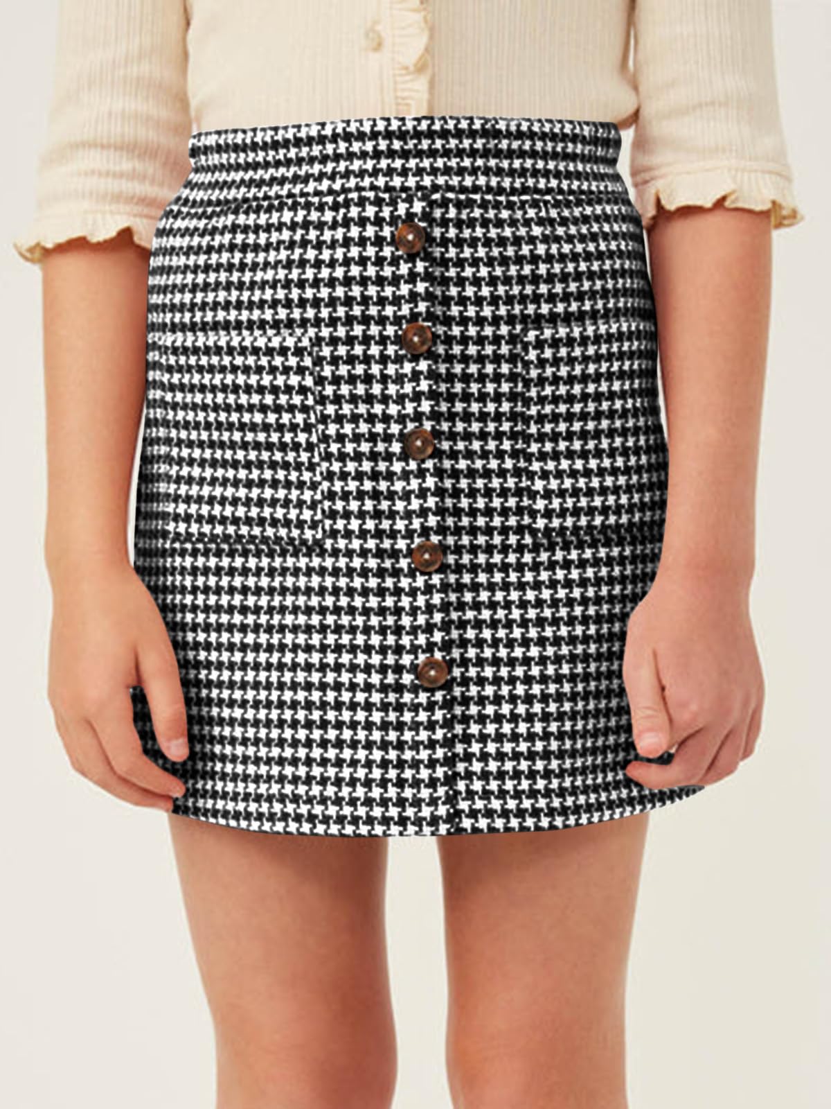 Haloumoning Minigonne per bambine con bottoni pied de poule, 5-14 anni | Tasca frontale, bottone, tweed, gonne scozzesi per ragazze
