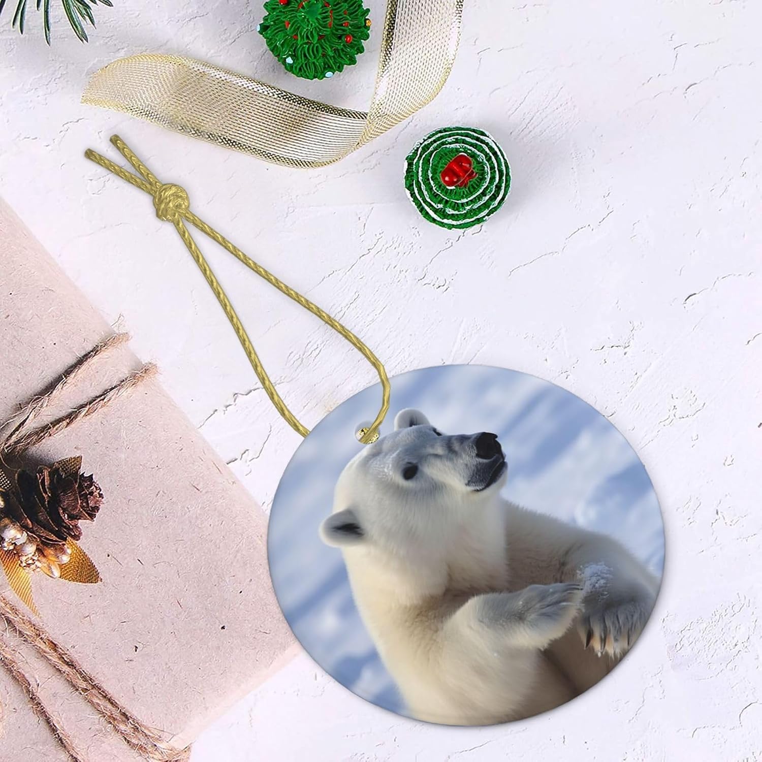 Polar bear Christmas Ornament Round Ceramic Hanging Ornaments for Christmas Tree Holidays Ornaments with Gold Rope Hanging Porcelain Pendants for Party Xmas Decoration