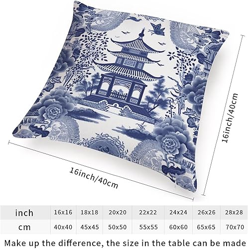 Miniatura 2 de ArogGeld Chinoiserie - Cojín de cojín de pagoda asiática azul índigo, pagoda y flor, cuadradas, para sofá, 16 x 16 pulgadas, lino blanco