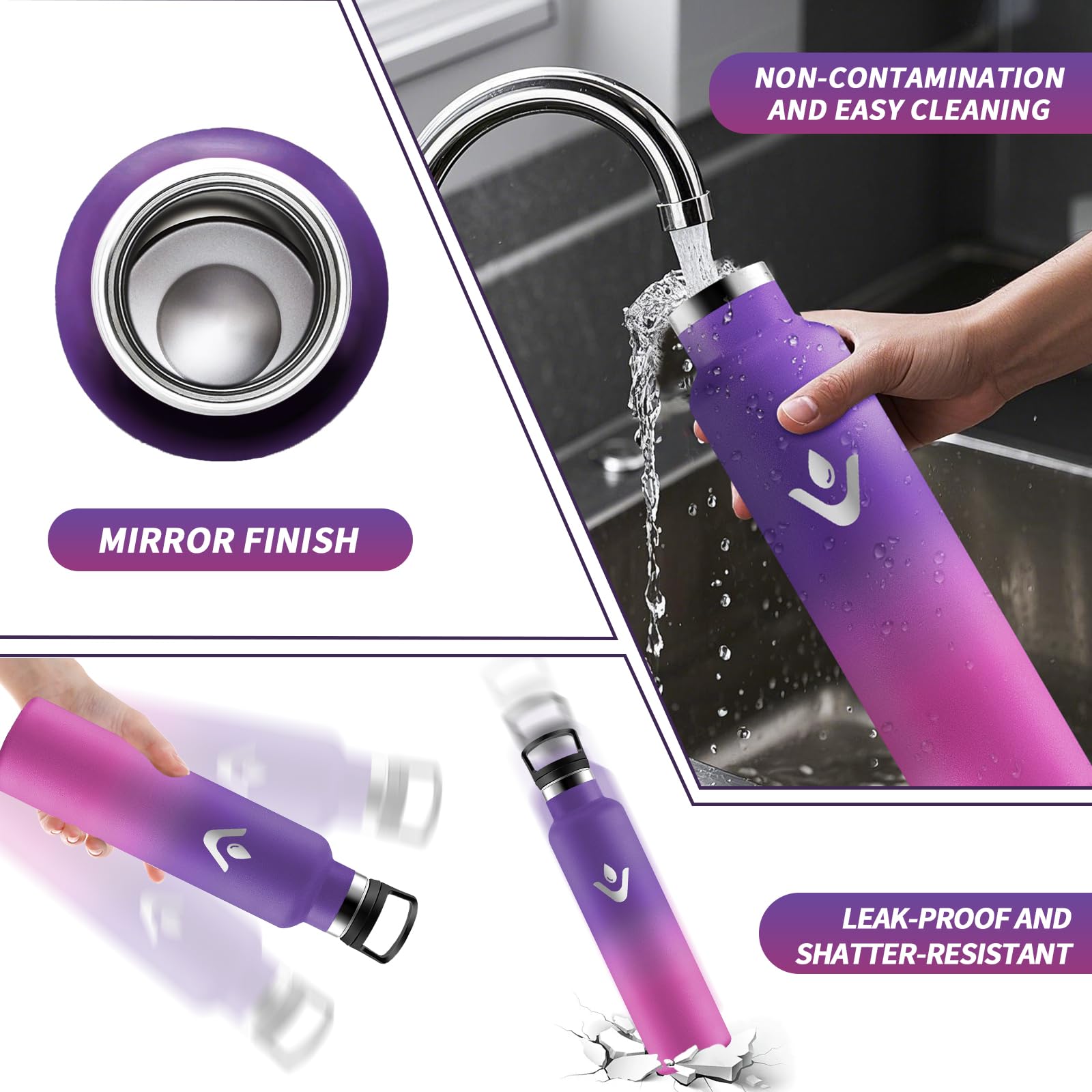 Motswedi Borraccia Termica 1 litro, Doppia Parete, Bottiglia Termica, a Prova di Perdite, Borraccia con Cannuccia, Acciaio Inox, Borracce Termiche, per Palestra, Outdoor, Campeggio, Viola & Rosa