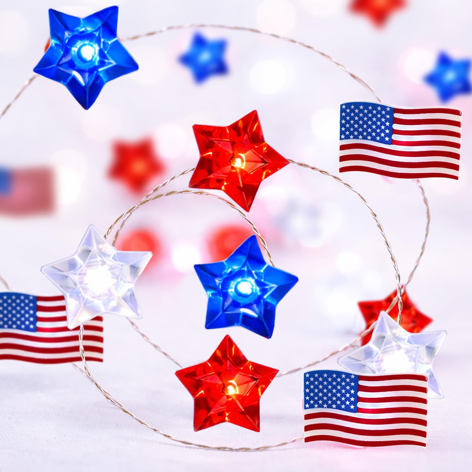 Photo 1 of 4th of July Decorations Red White and Blue Star American Flag Lights 40 LED