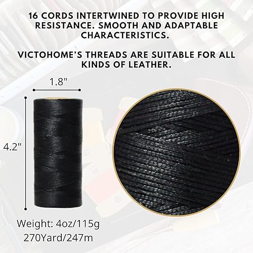 Miniatura 2 de Hilos encerados planos 100% poliéster, 150D0.031 in, 270 yardas810.4 ft. Hilos multiusos para coser a mano proyectos y manualidades de cuero (negro)