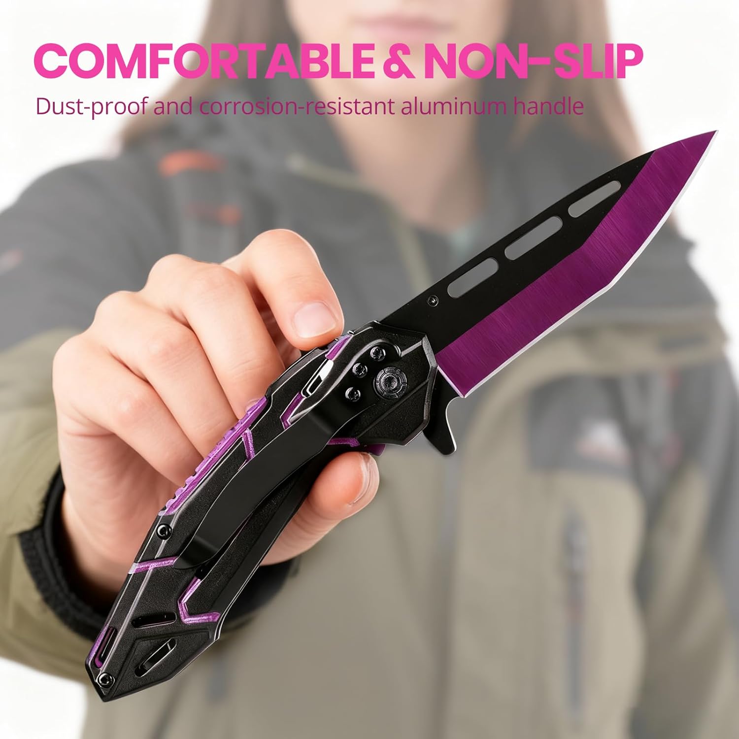 FUNBRO Pocket Knife for Women & Men, Cool Folding Knife with 3.4” Stainless Steel Sharp Blade, Flipper Open EDC Knives with Clip for Outdoor Camping Hiking (Purple)