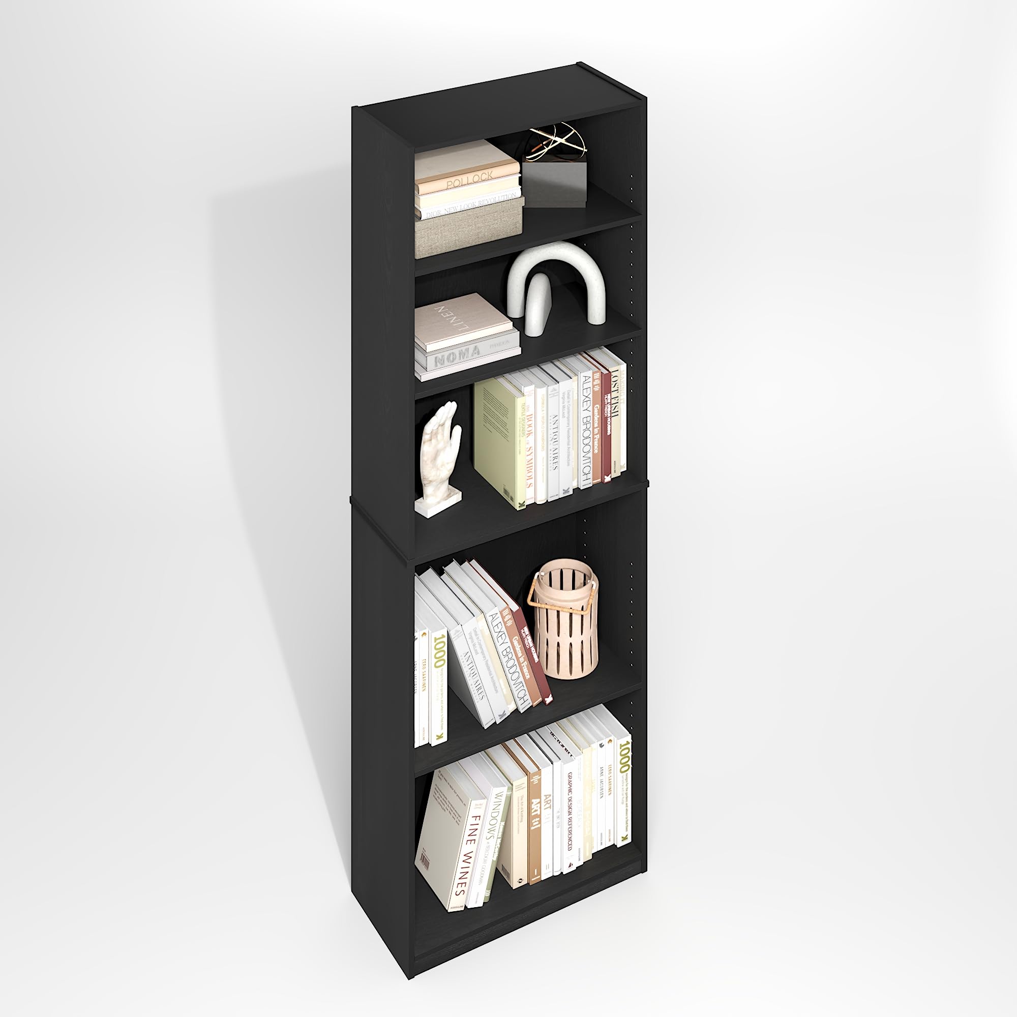 Furinno Jaya Simply Book Shelf, 5-Tier Bookshelf, Bookcase with Adjustable Shelves, 9.5 x 24.5 x 71.2, for Living Room, Bedroom, Home Office, Darkwood