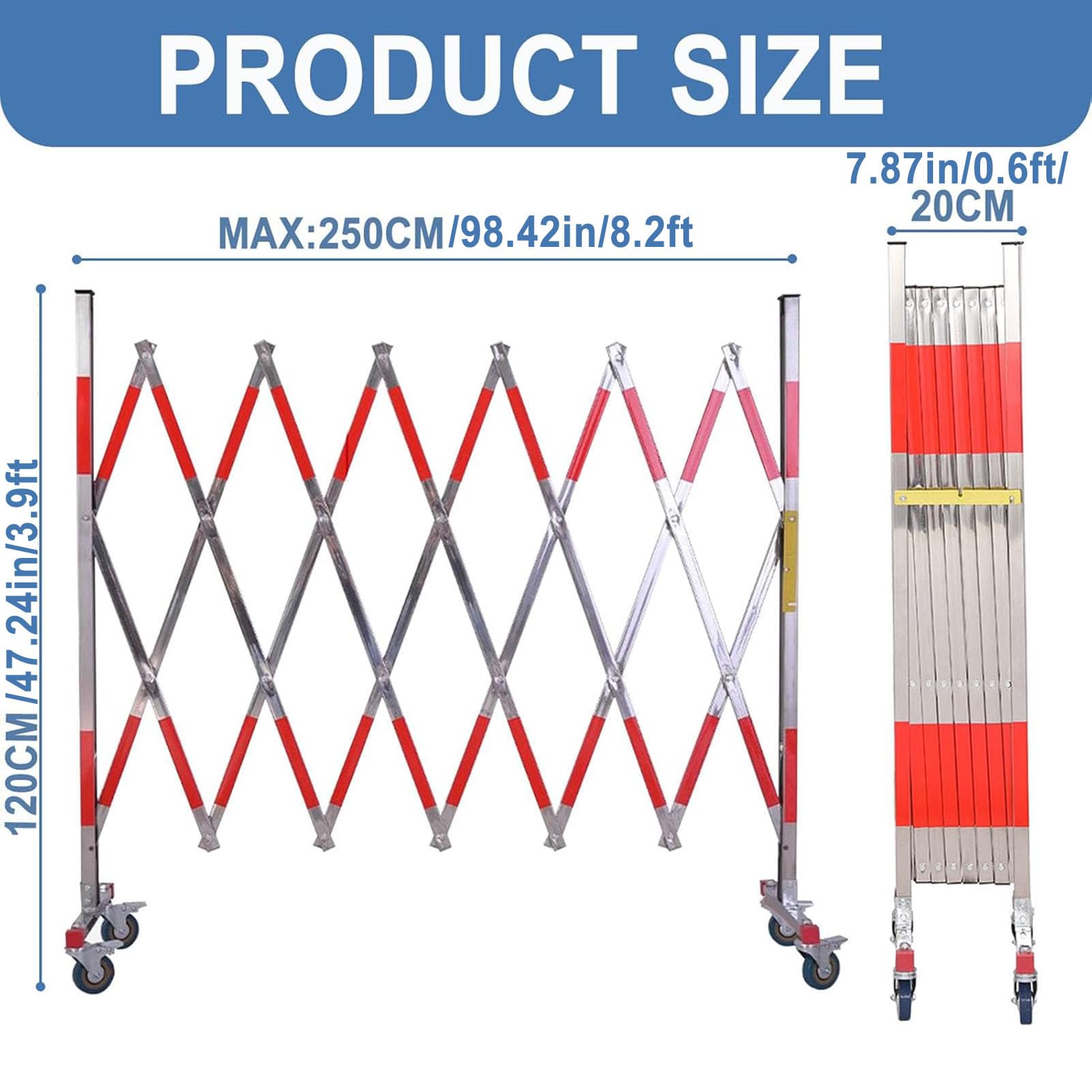 Industrial Traffic Barricade with Casters, Stainless Steels Expandable Barrier with Reflective, Folding Security Gate, Retractable Fence Outdoor for Crowd Control Construction(47.2x98.4in)
