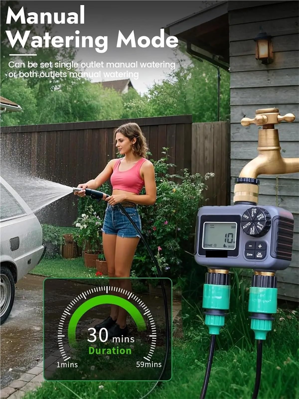 Di irrigazione intelligente con doppia uscita, timer automatico for l'irrigazione, rubinetto, programmatore for tubo flessibile for giardino e esterni