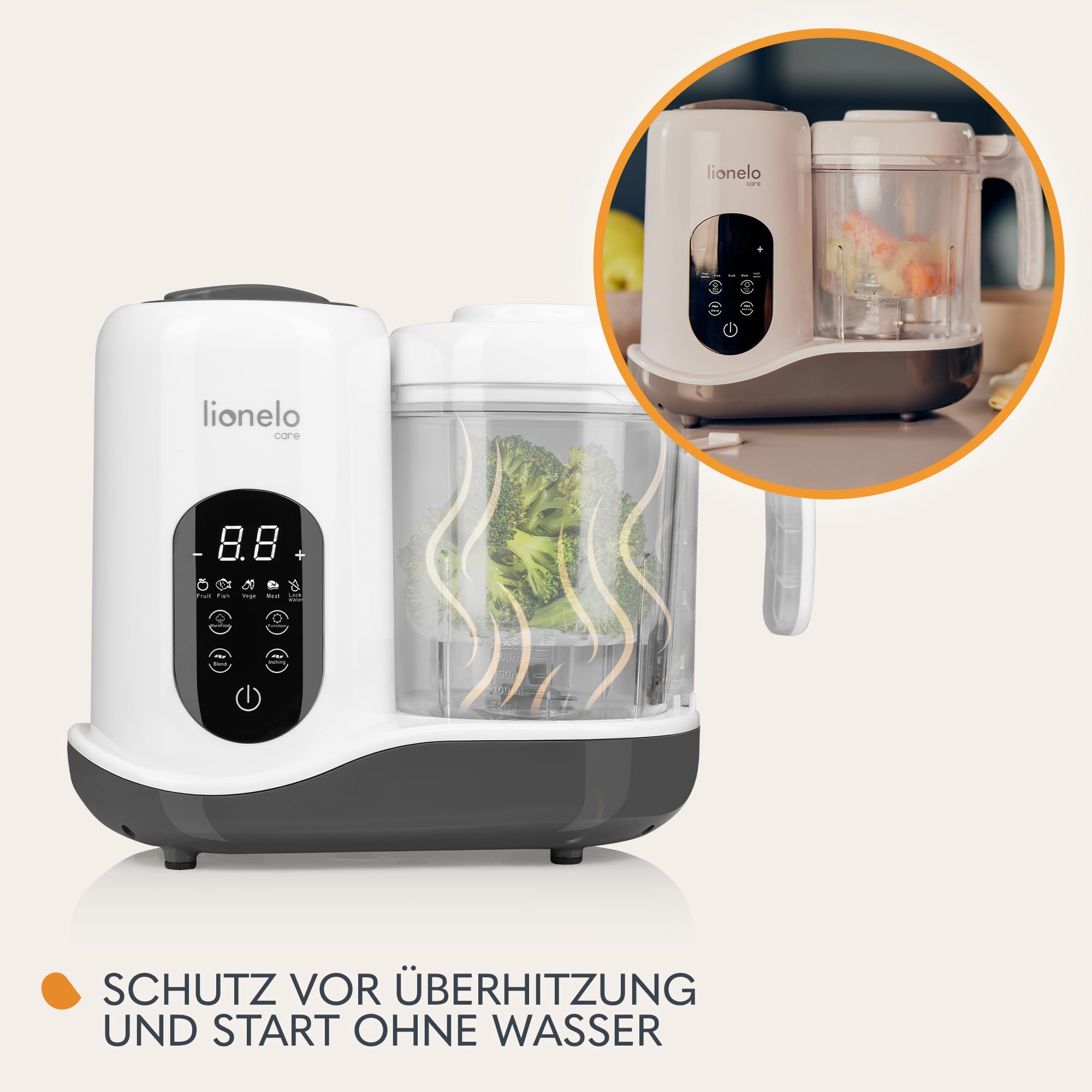 LIONELO BABYMENU Küchenmaschine zur Zubereitung von Babynahrung | 4 Programme Dämpfen, Mixen, Erhitzen, Auftauen, Online-Rezepte, Weiß