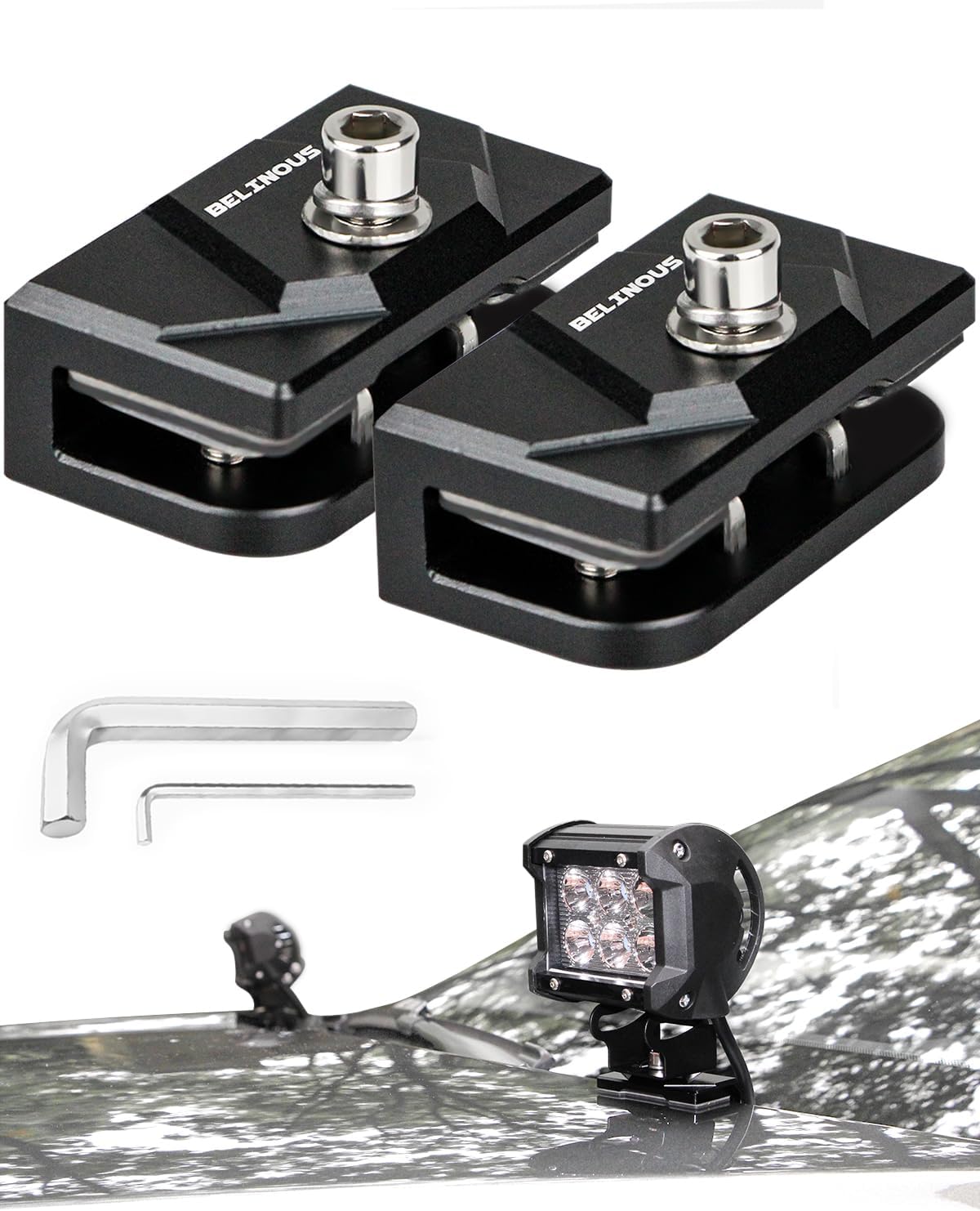 Belinous Hood Light Mounting Bracket, 2PCS Ditch Light Brackets for Led Light Bar Work Light Pillar Pod, Hood Hinge Light Bracket for Truck SUV Cars, Aluminum Alloy Clamp Mount No Drilling (Black)