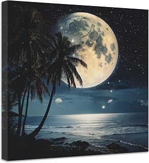 Full Moon Painting Canvas Wall Art Moon in Night Picture Nature Palm Trees Prints Modern Artwork Home Decor Framed (Picture-4, (12.00" x 12.00"))