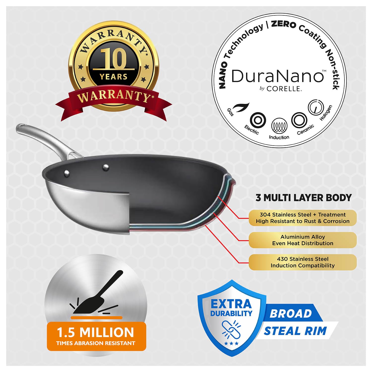 CORELLE Duranano Wok Pan 26Cm with Lid, Tri-Ply Stainless Steel