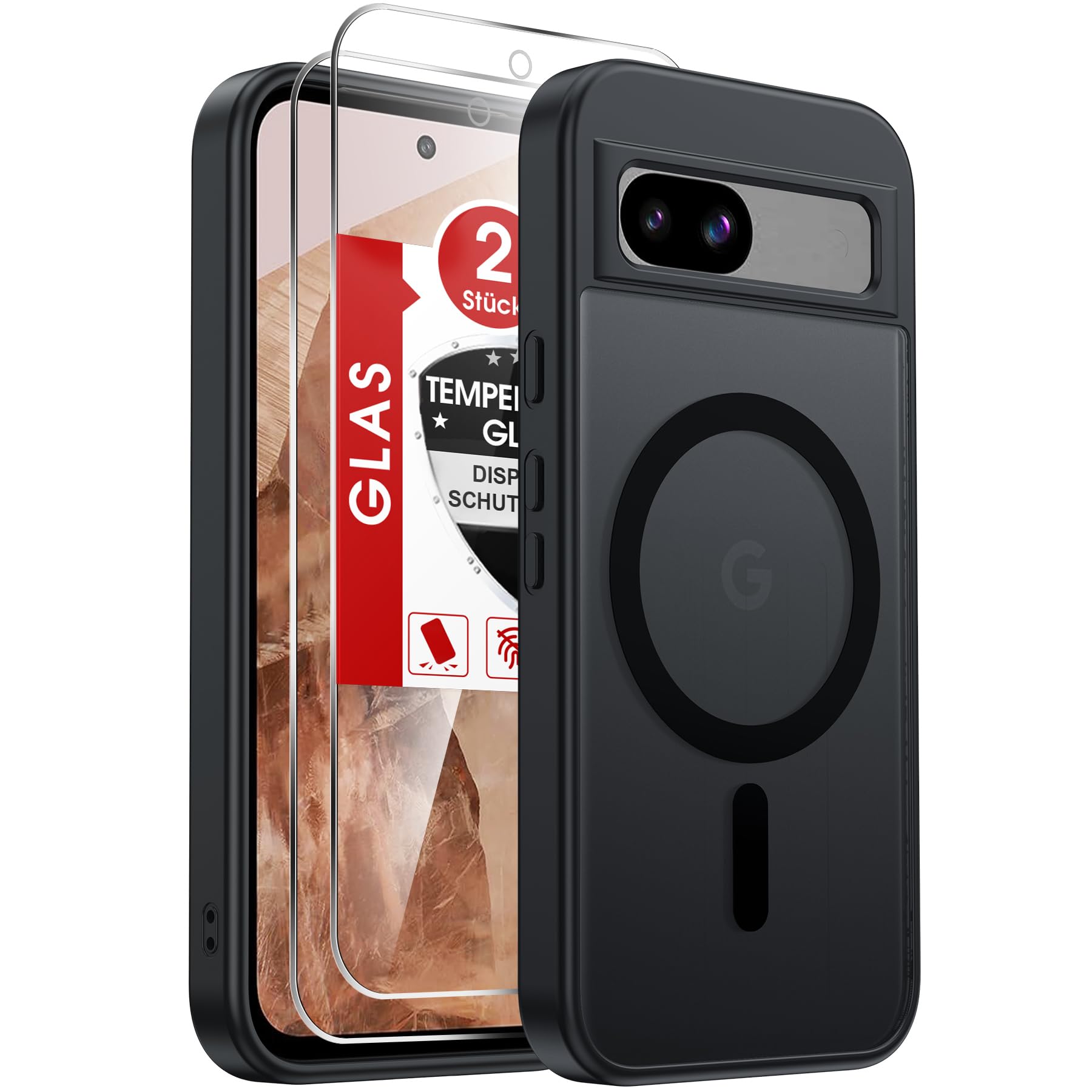 LeYi Handyhülle für Google Pixel 8a Hülle mit 2X Panzerglas-Schwarz | für Magsafe Ultra Dünn Magnetisch Schutzhülle Schutzglas Matt Transluzent Stoßfest Phone Case 8 A