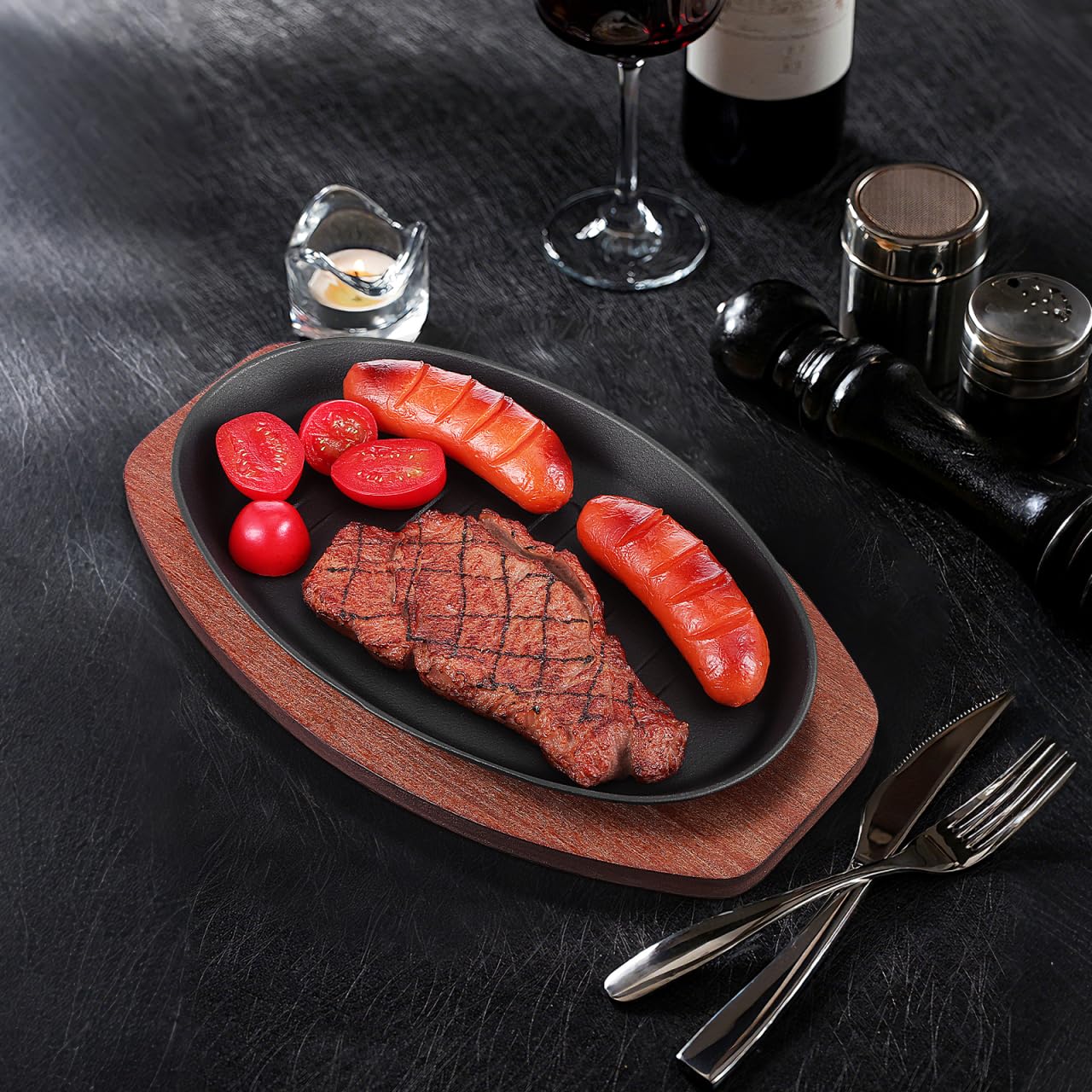 Toyvian Sartén Parrilla de Hierro Fundido con Base de Madera Placa para Asar Carne y Pescado Plancha Teppanyaki para Hogar y Cocina