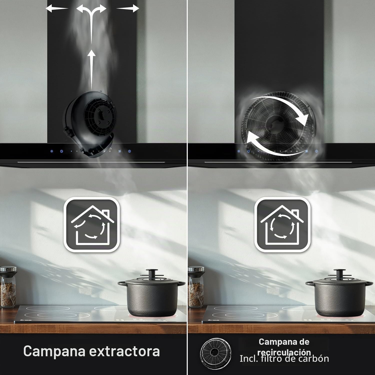 KKT KOLBE Campana Extractora 90 cm | Campana de Pared | acero inoxidable | vidrio negro | WiFi | apagado automático | Funcionamiento táctil | FLAT9006S | aire de escape y circulación, acero inoxidable y vidrio negro, control táctil sensor, wifi, marcha tr