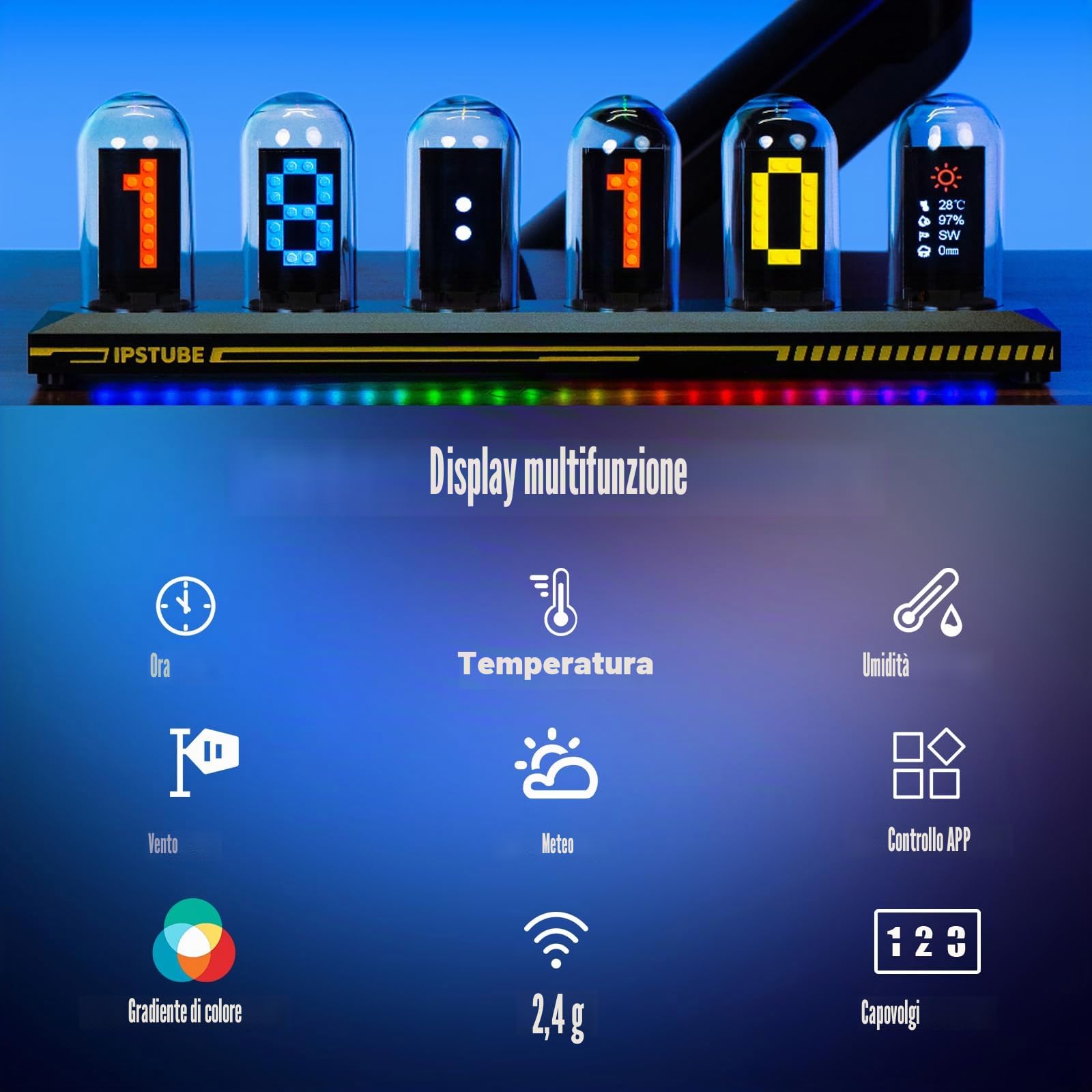 Orologio a tubo Nixie, RGB colorato, album fotografico digitale personalizzabile, nuova modalità meteorologica, schermo IPS da 5 pollici, controllo app, un regalo retrò per amici (nero