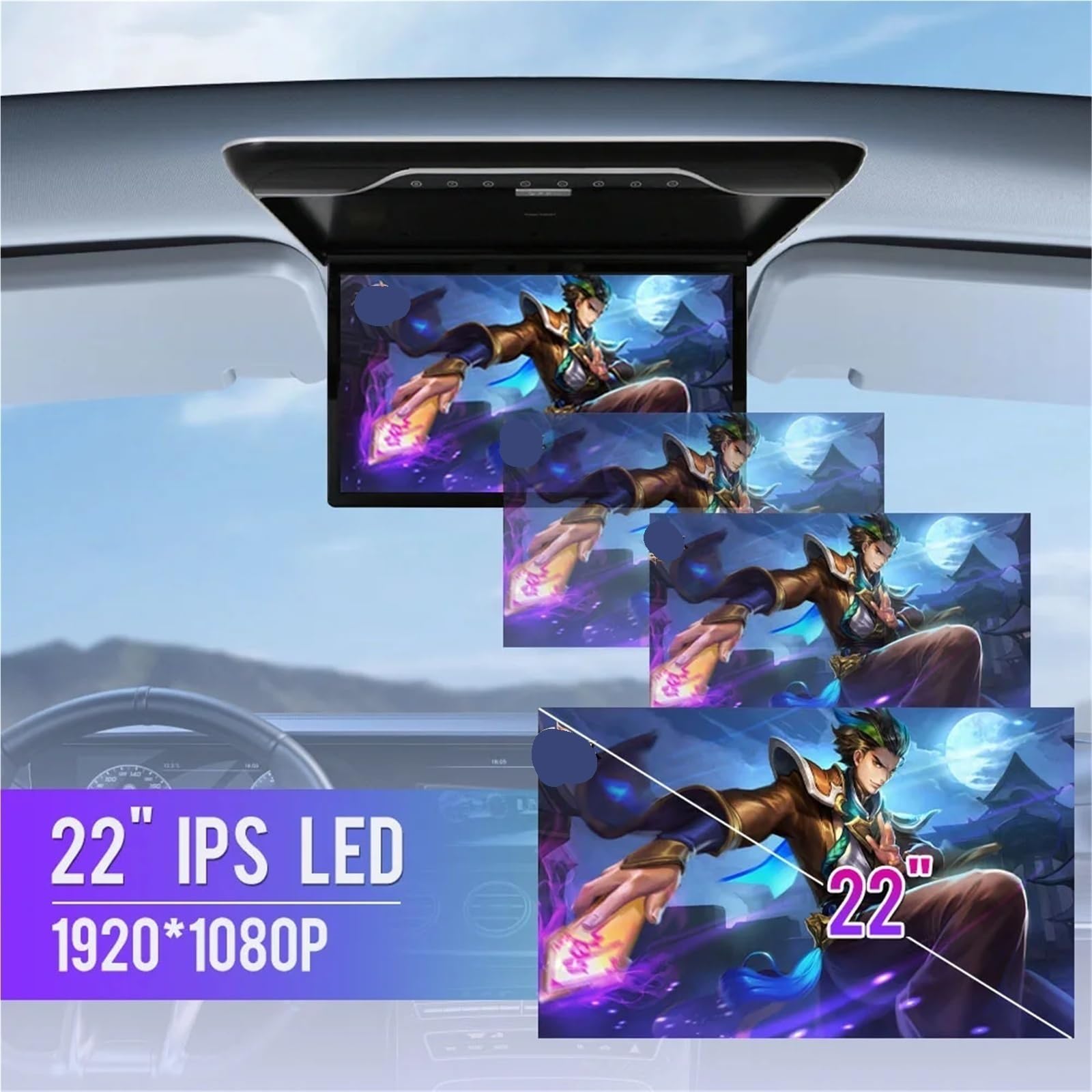 22 Inch Car Roof Monitor 1080P Flip Screen Top Multimedia Video Ceiling Roof Mounted Display With 16-color Ambient Light(Black)