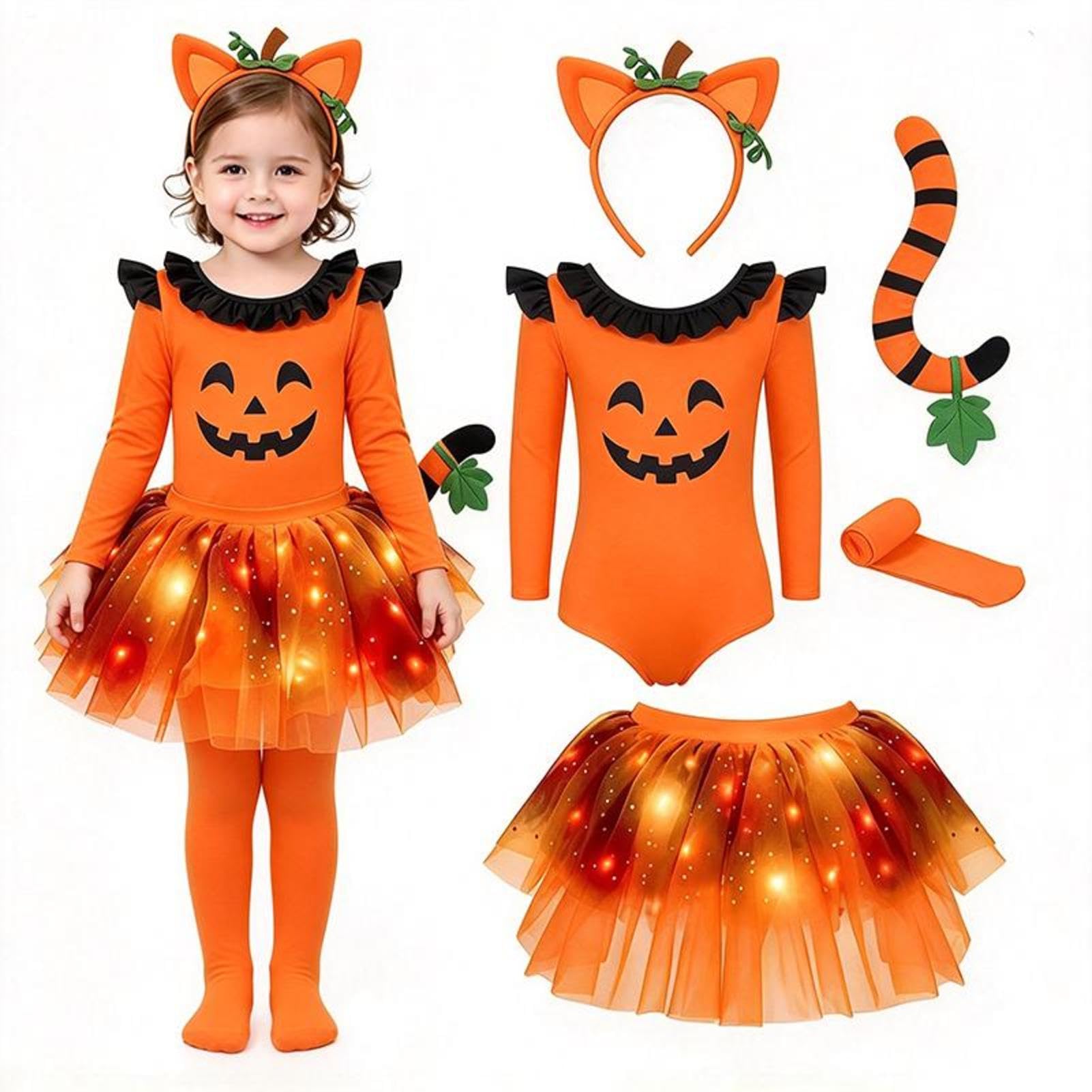Girls Halloween Costume, Light Up Pumpkin Costume Kids With Tutu Headband