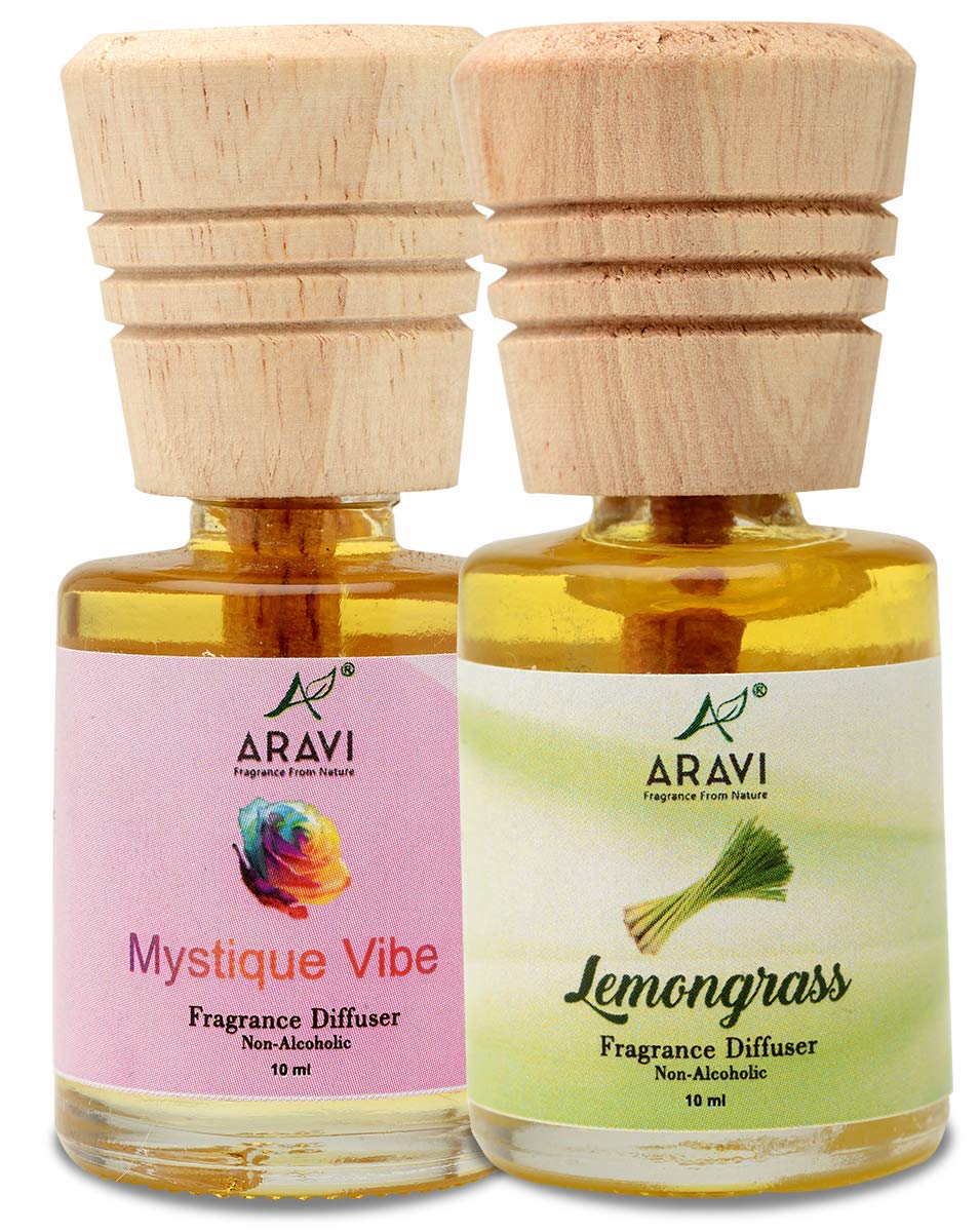 Aravi Fragrance Diffuser- Mystique Vibe and Lemongrass, Fragrance for Home, Small Reed Diffuser Set, Natural Fragrance, Air Freshener, Long Lasting Fragrance 10 ml, Pack of 2