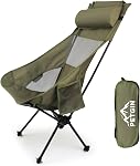 High Back Folding Camping Chair with Removable Pillow, Side Pocket, Upgraded Heavy Duty for Hiking, Outdoor Camp, Backpacking, Festival, Travel, Beach, Picnic, Fishing-All Black