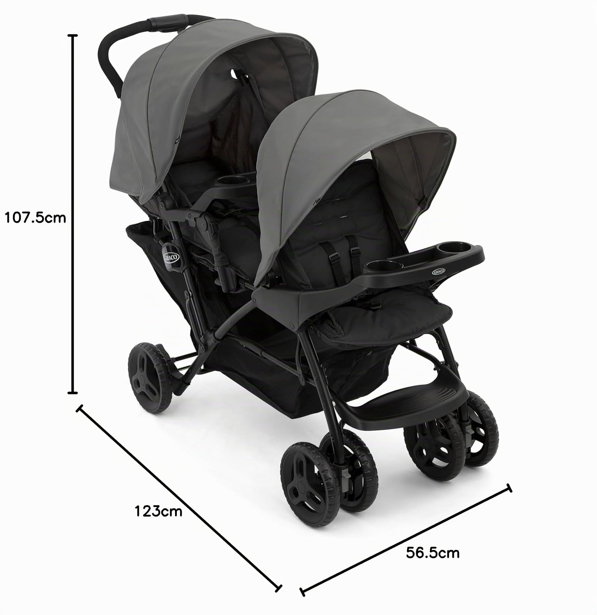 Graco Stadium Duo® Poussette double, de la naissance à environ 3 ans (0-15 kg), utilisable aussi avec une nacelle, dossiers réglables, pliable, grand panier de rangement, plateaux-repas, Titanium