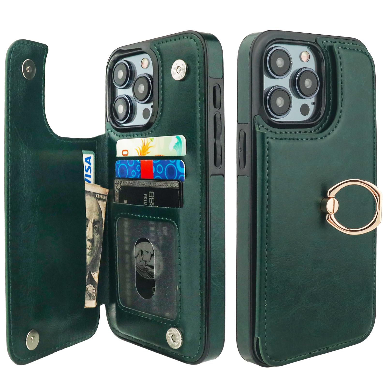 ONETOP for iPhone 15 Pro Max Wallet Case with Card Holder, 360° Rotation Ring Kickstand RFID Blocking PU Leather Double Magnetic Clasp Shockproof