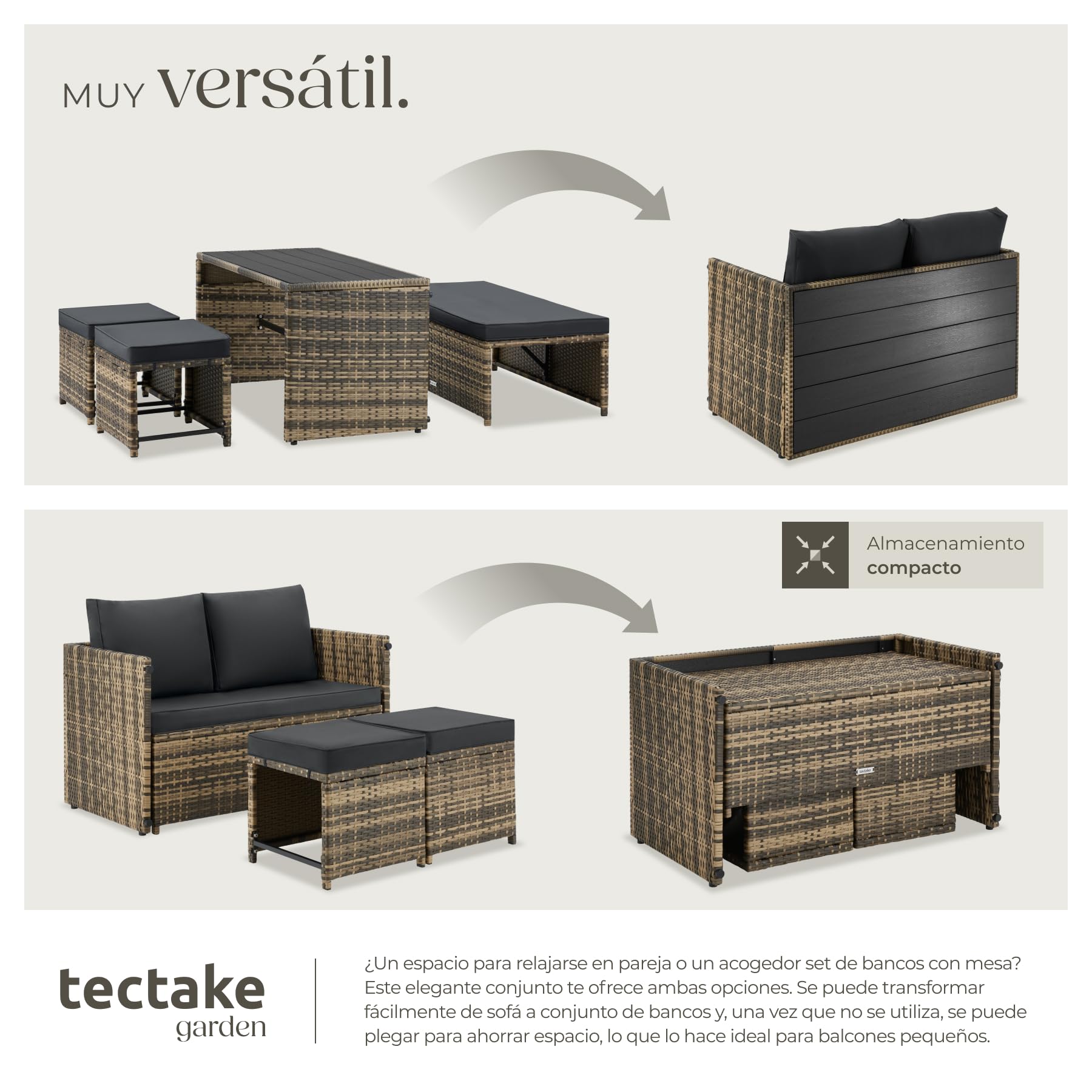 tectake® Conjunto Jardin Exterior 2 en 1, Muebles Jardin Exterior, Mesa y Sillas Terraza, Sofa con Cojines Impermeables y Lavables, 4 Personas, Sofas, Silla, Mesa Terraza, Mueble - Natural