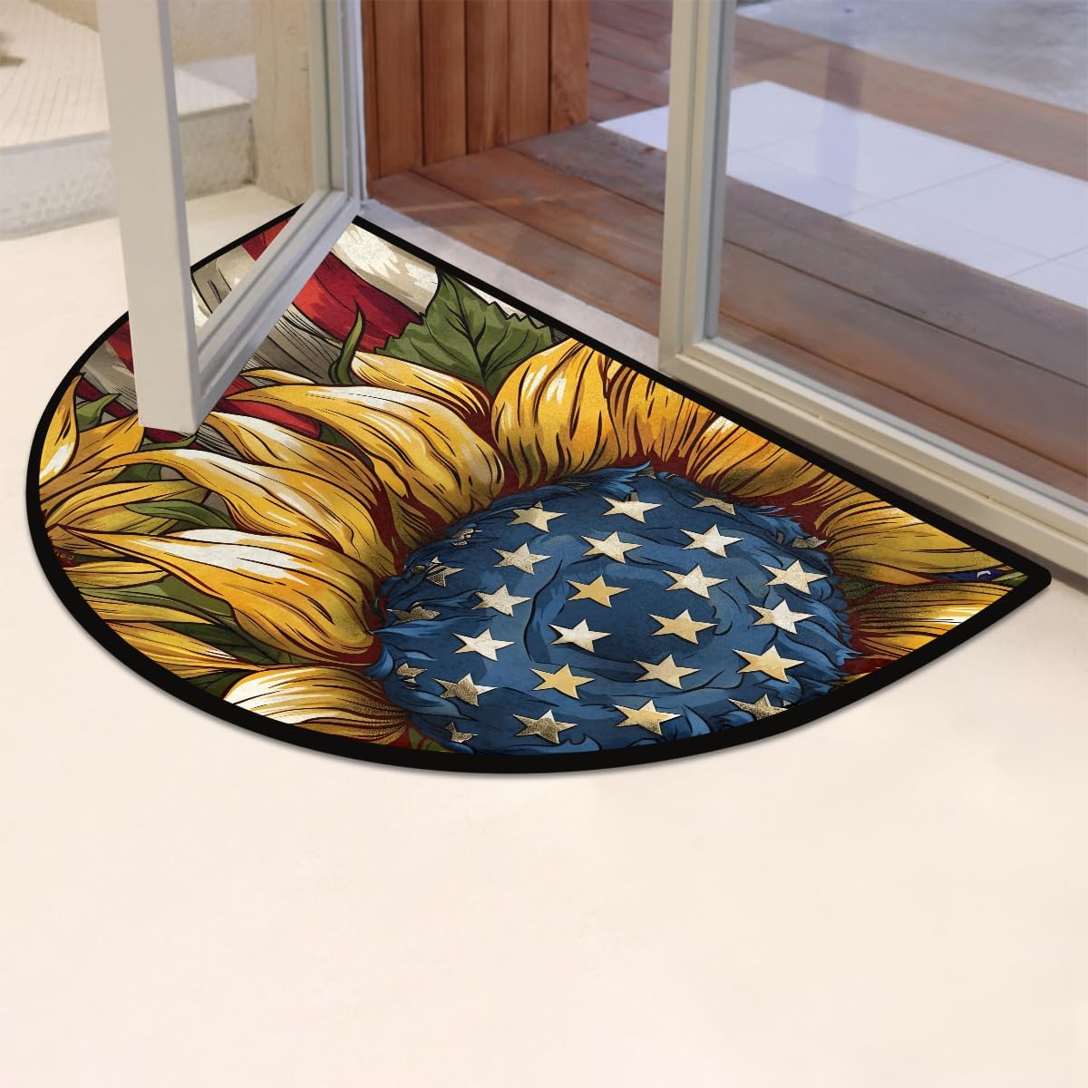 Half Round Door Mat Sunflower American Illustration Non Slip Washable Semi Circle Area Rug Absorbent Soft Half Moon Rug Floor Mat for Indoor Outdoor Kitchen Bathroom Patio Front Door Mat Decor