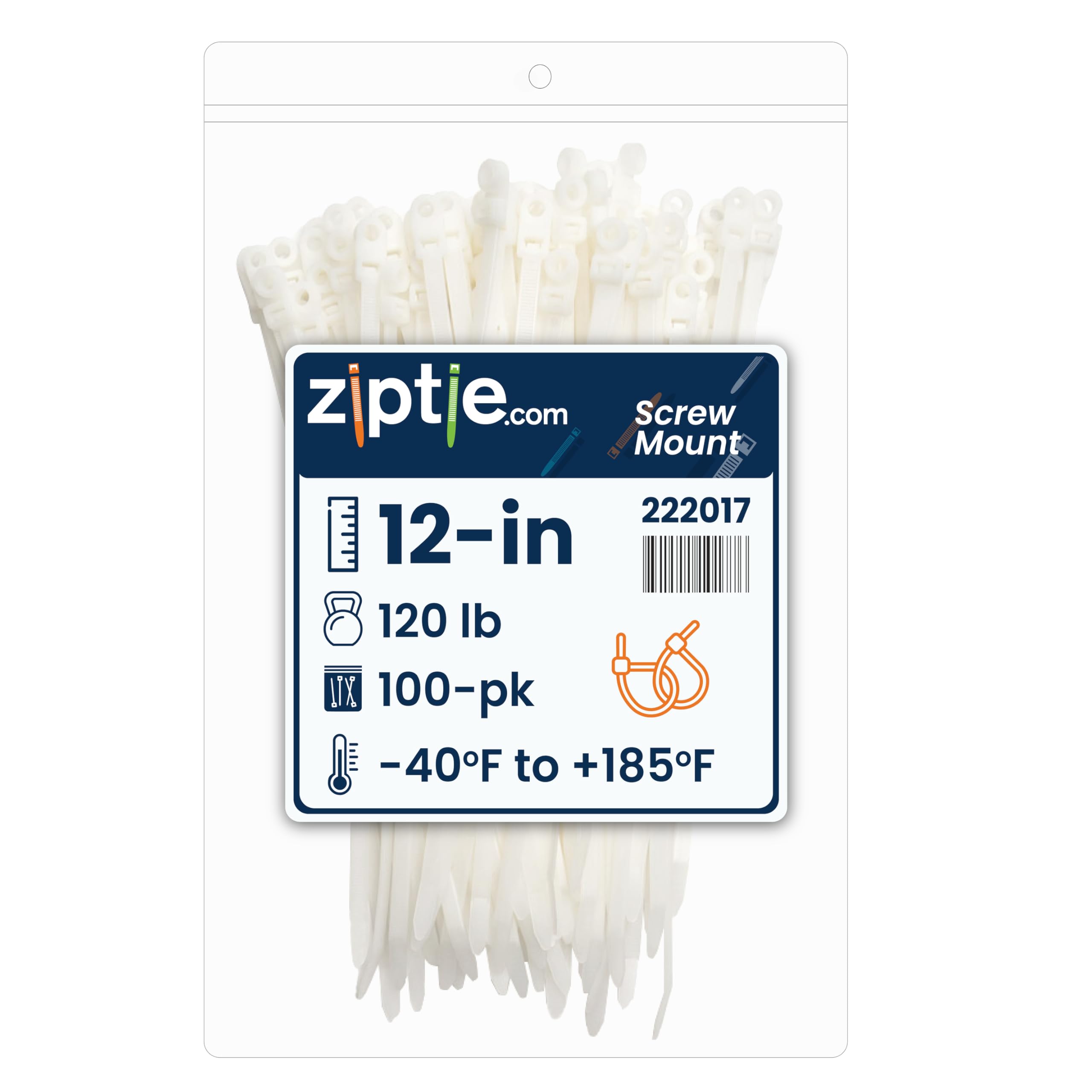 ZipTie.com 12-inch Natural Screw Mount Zip Tie, 120-lb Tensile Strength, UL 21 Listed, 100-Pack