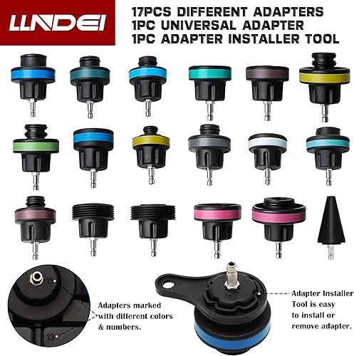 Miniatura 6 de LLNDEI Kit de probador de presión de radiador de refrigerante, sistema de enfriamiento de prueba de 28 piezas, juego de fugas y recargas de vacío