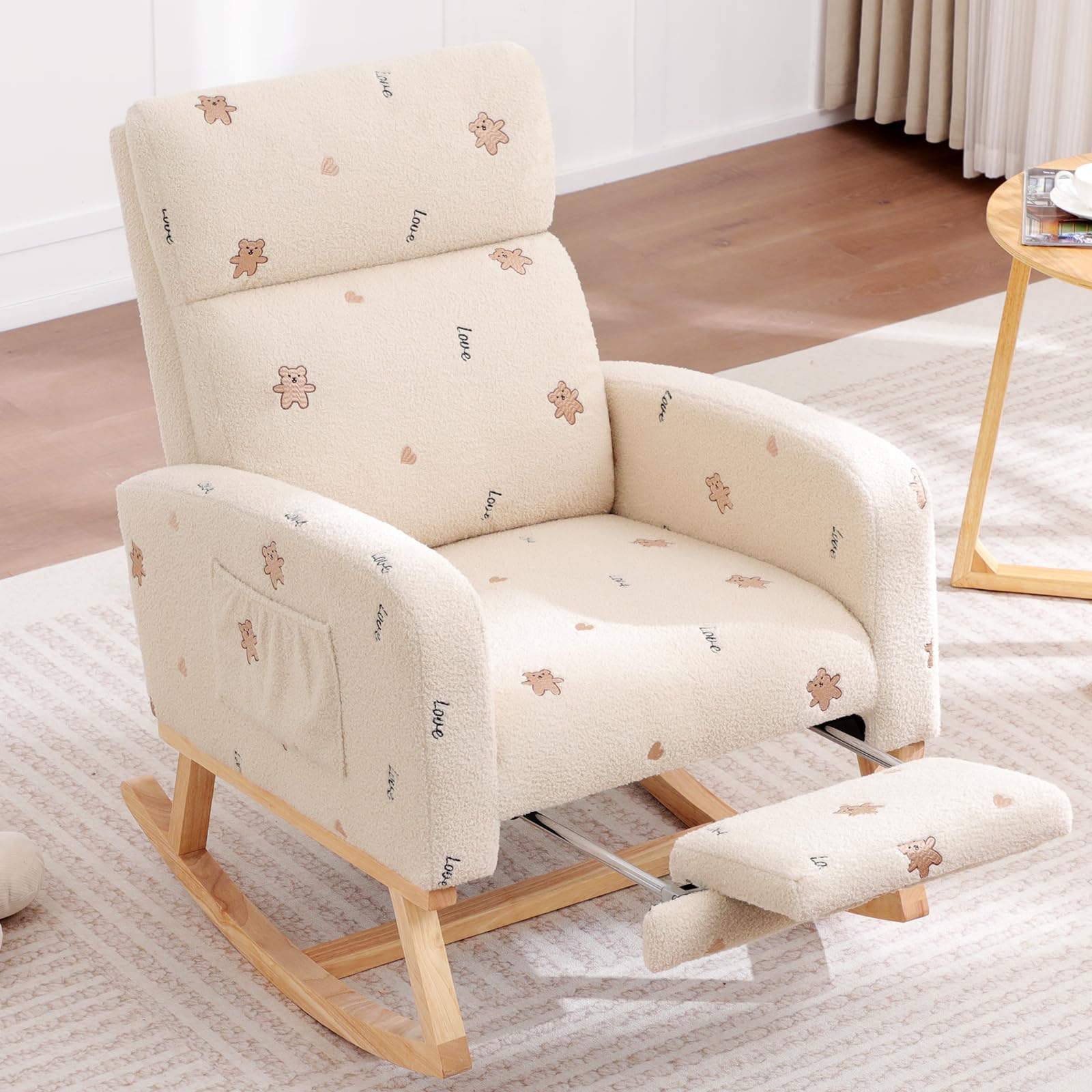 HCHAIRH Rocking Chair Nursery, Nursing Rocking Chairs with Foot Rest for Mom Nursery, Teddy Glider Rocker Chair with Footrest and High Backrest for Living Room, Bedroom, Bear Printed Beige