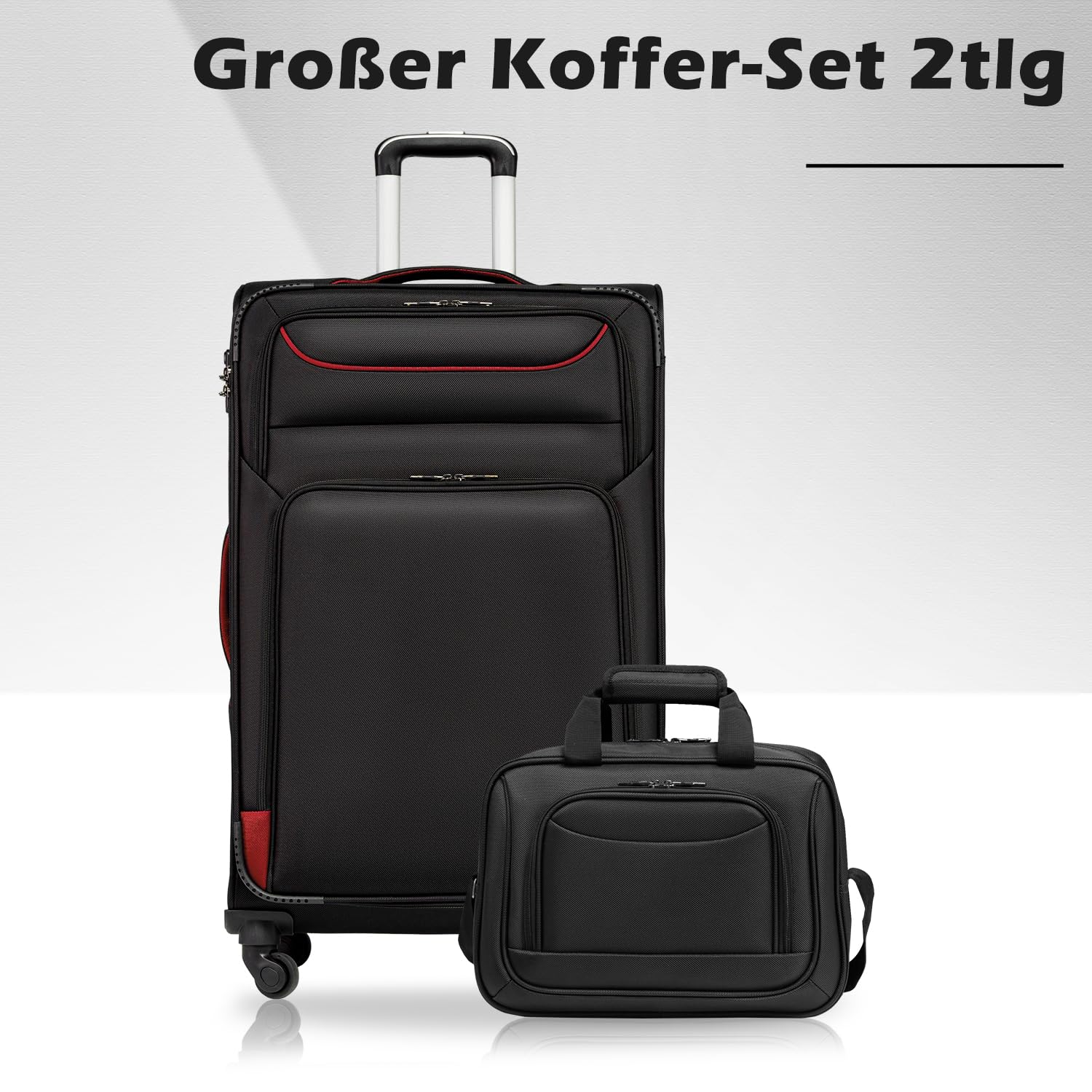 COOLIFE Koffer Trolley Koffer Reisekoffer von 4 Rollen Stoffkoffer Handgepäck TSA-Schloss Der Koffer Enthält 1 Große Umhängetasche (Großer Koffer-Set 2tlg, Schwarz+Rot)
