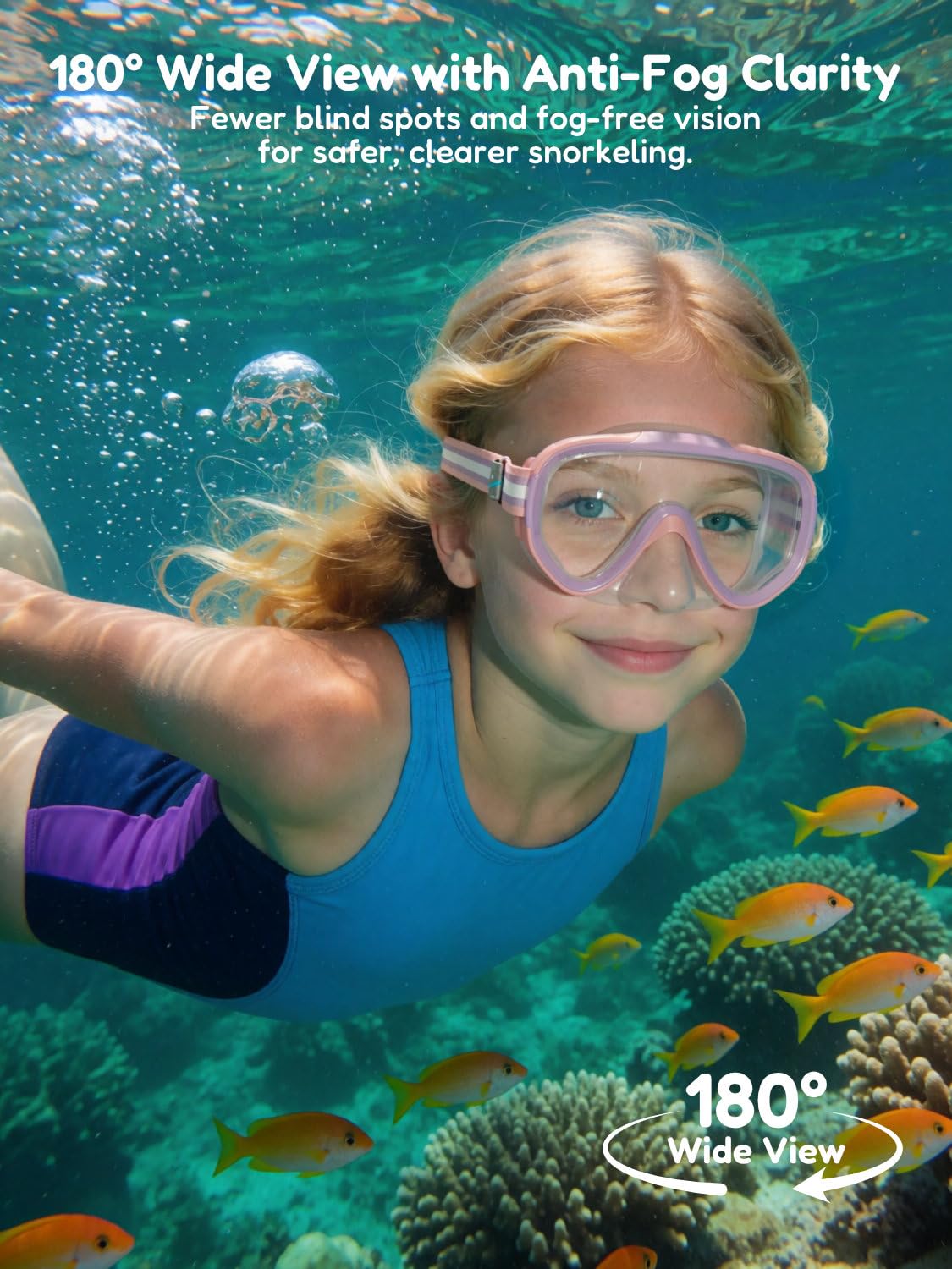 ACURE Gafas de natación para niños y niñas de 3 a 14 años, juego de máscara de esnórquel antivaho con cubierta para la nariz y correa de tela, máscara de buceo para niños en piscina para jóvenes