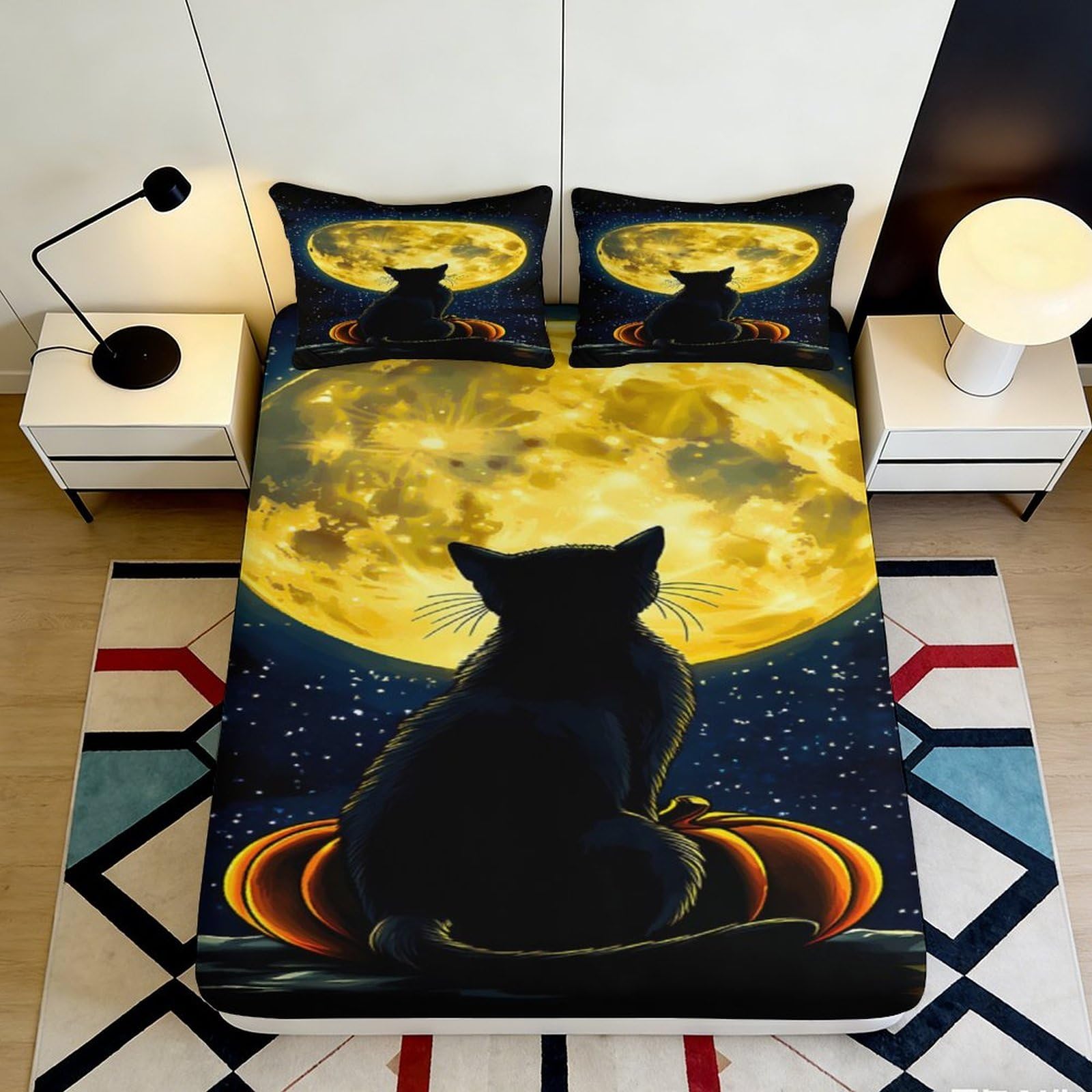3D Printed Black Cat Moon Fitted Sheet Microfiber Soft Anti-Slip Pumpkin Mattress Cover for Bedroom Decor 200x200x25cm