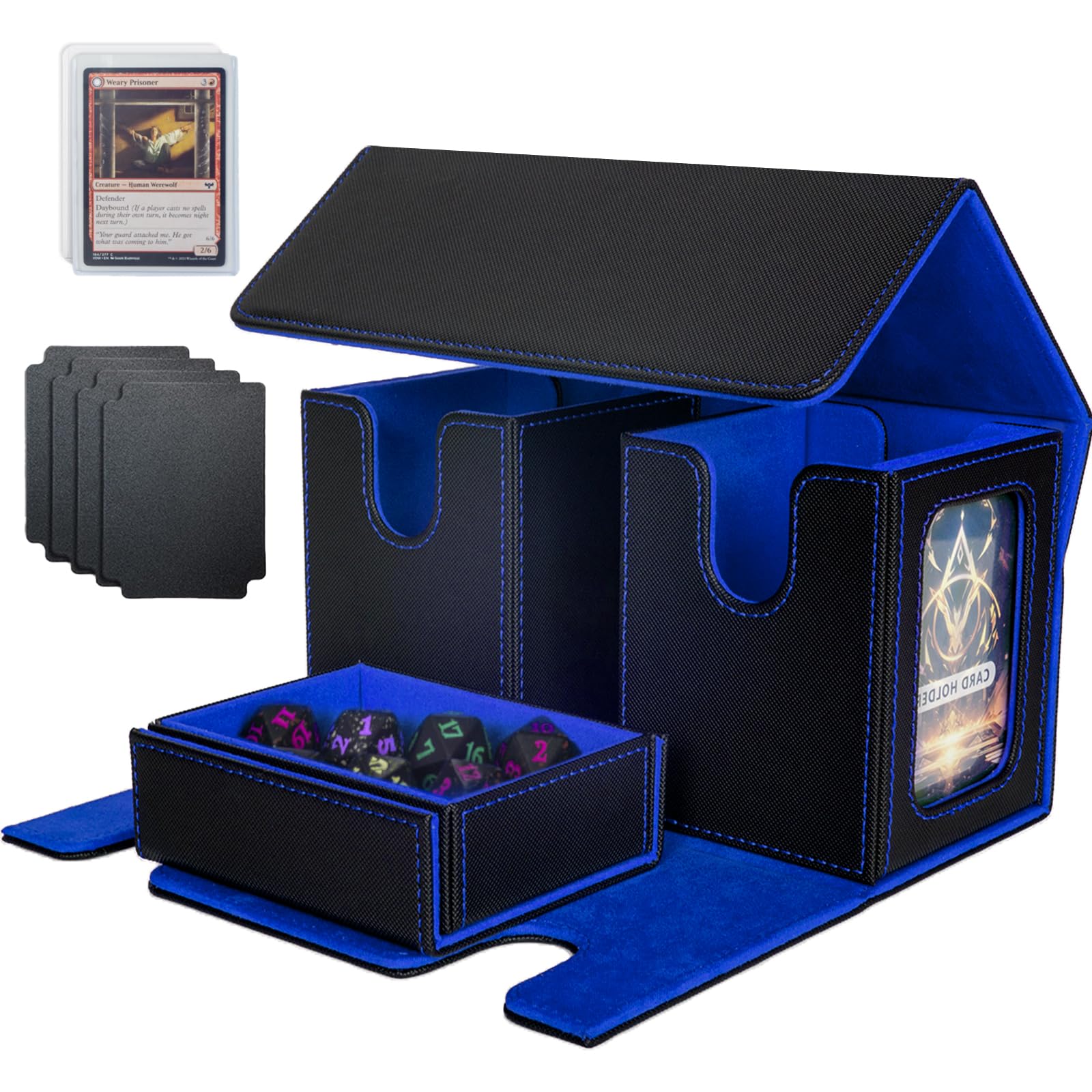 Jeixynik MTG Deck Box, 3-in-1 MTG Commander Deck Storage with Dice Tray, 4 Dividers & 2 Commander Displays, Removable Leather Magnetic Case Fits 200 Cards for TCG, CCG - Black-Purple