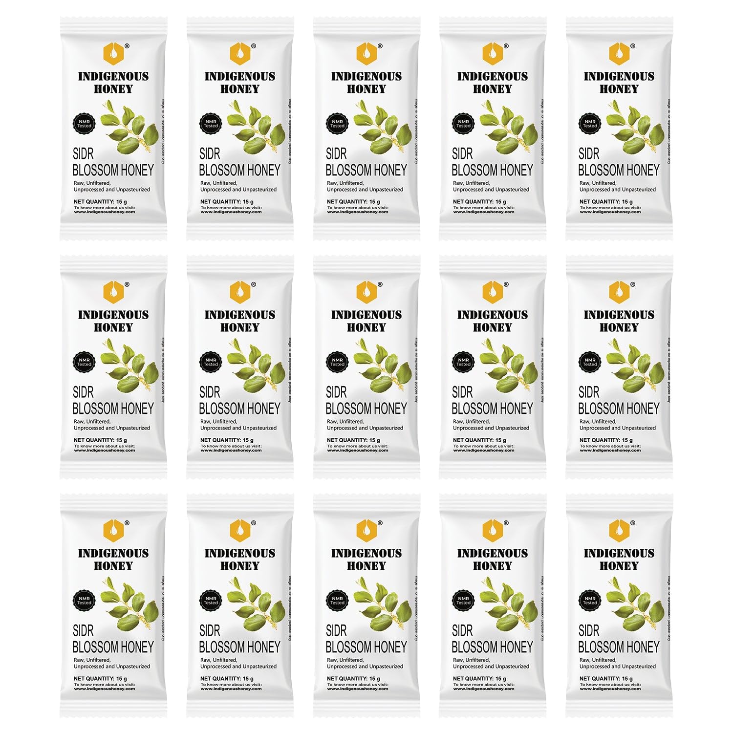 INDIGENOUS HONEY Raw Sidr Honey Pure Organic Natural Unprocessed Added Sugar Free NMR Tested Unpasteurized Unheated 15 Hygienic Sachets 15g Each Total 225g
