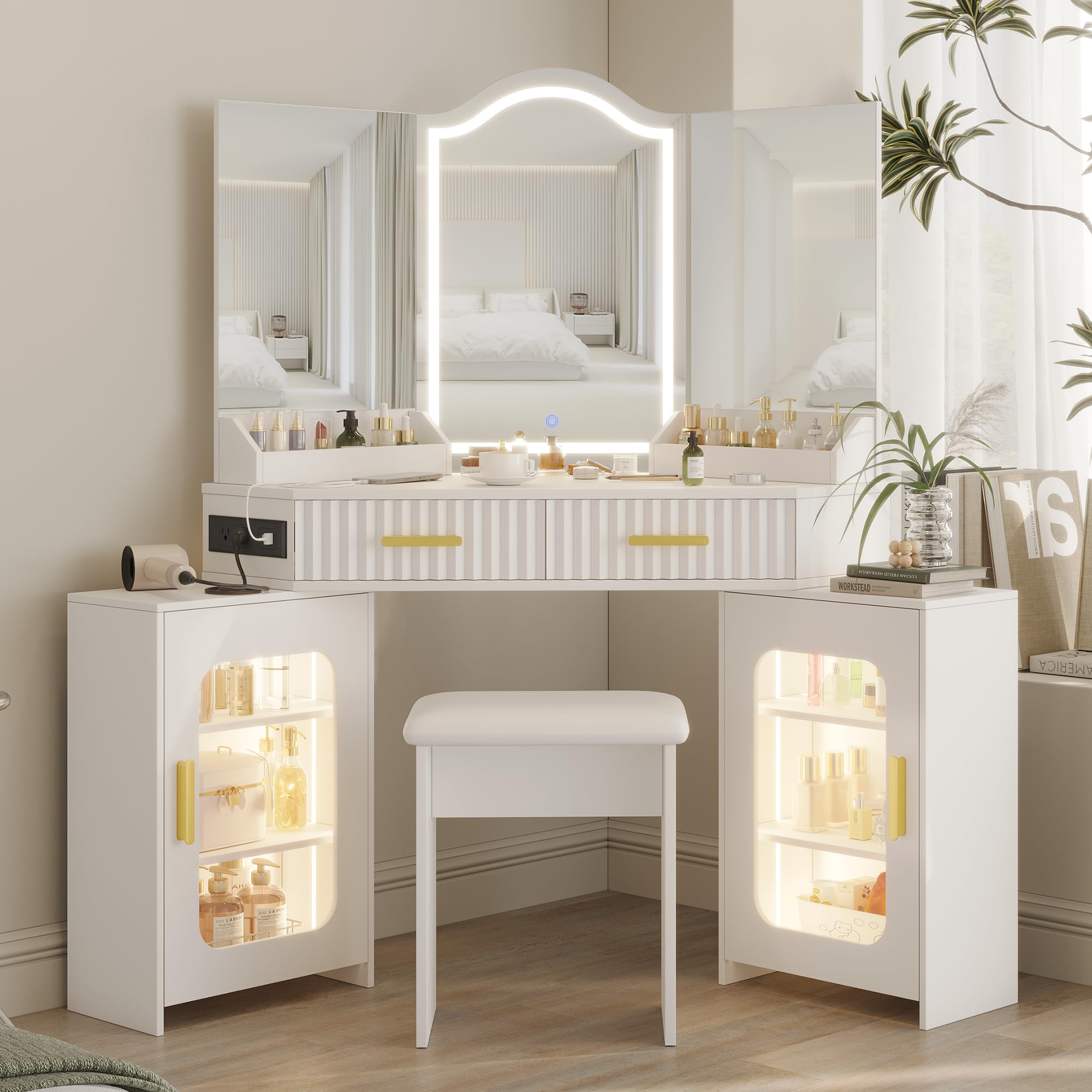 ZKIODV Corner Vanity Desk with 3 Way Mirror & LED Lights, Makeup Table Set with Charging Station, Storage Drawers & Cabinets, Modern Dressing Table
