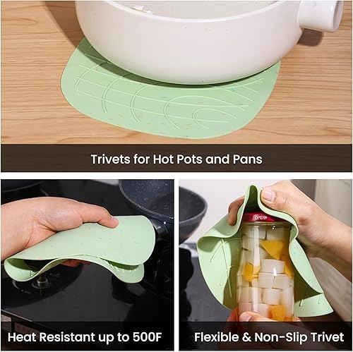 Miniatura 8 de 4 guantes de silicona para horno y soportes para ollas, resistentes al calor hasta 500 F, textura antideslizante, silicona transparente, esencial