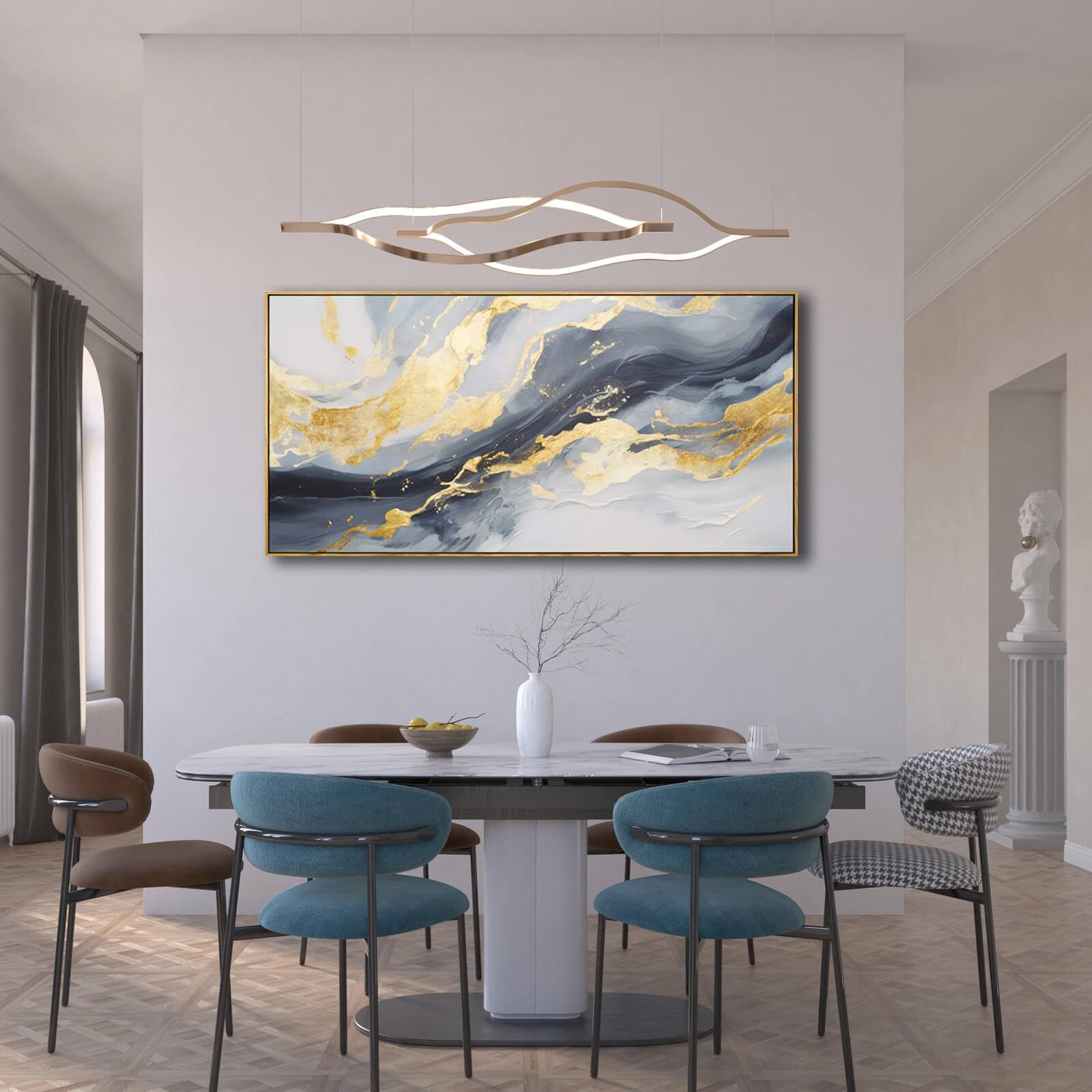 SDYA Wall Art for Living Room Abstract Wall Art Blue and White Pictures Canvas Wall Art 24X48 Inch Gold Wall Decor Line Artwork Home Office Decor