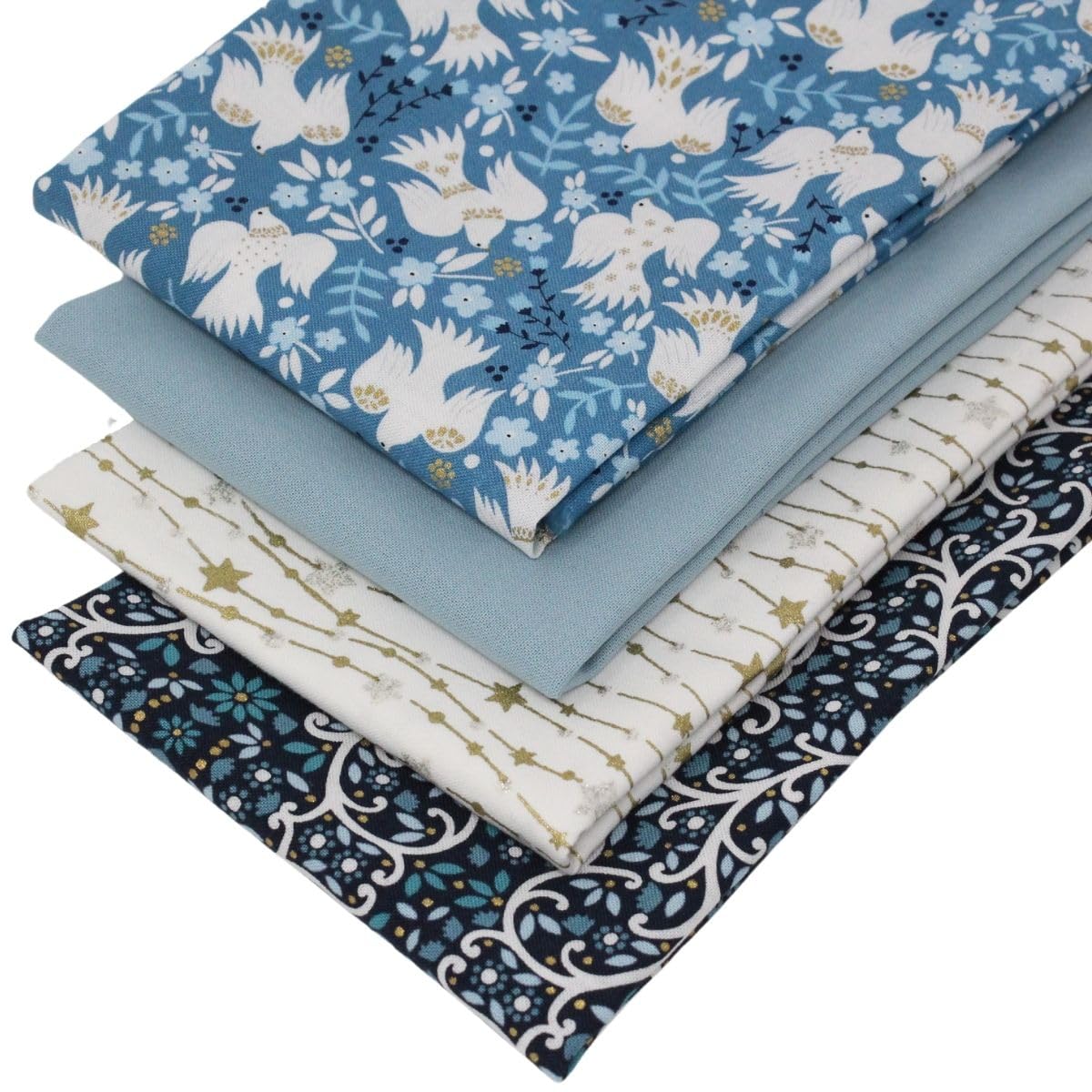 Overdale Fabrics Blue, White 4 Fat Quarters Bundle - 'Peaceful Christmas – Blue' Festive Themed Fabrics With Doves & Stars. 100% Cotton For Quilting, Patchwork & Crafting (With Free Patchwork Pattern By Overdale Fabrics)