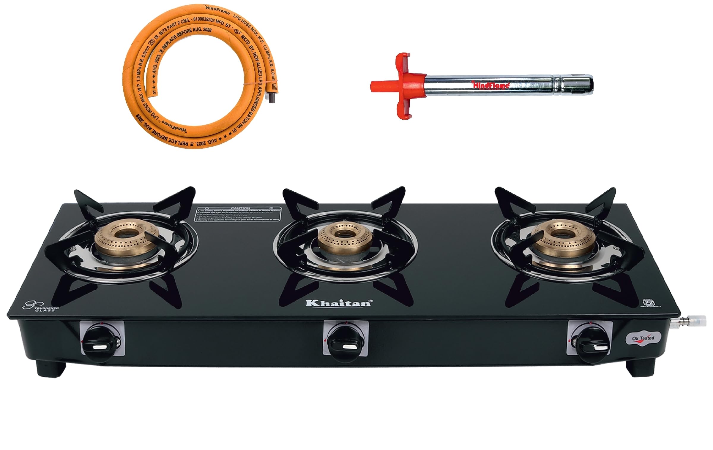 khaitan combo - 1 unit khaitan 3 burner jio tougned glass gas stove + 1 unit hf kitchen lighter + 1 unit hf lpg hose pipe (1.5 mtr) (1 burner) (3 burner)