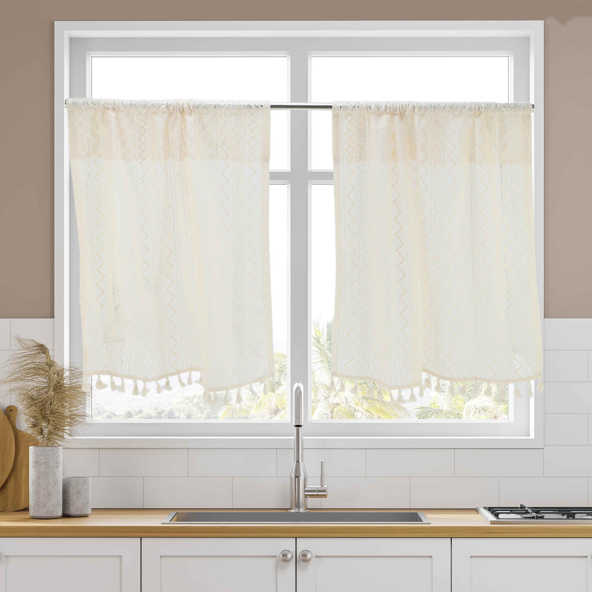 Tende Per Cucina, Frange Di Pizzo A Onde, Tende Da Caffetteria, Trattamento Finestra Corto Filtra Luce Per Bagno Seminterrato, Beige, 2 Pezzi 63x60cm / 24,8" x23,62(L*P)