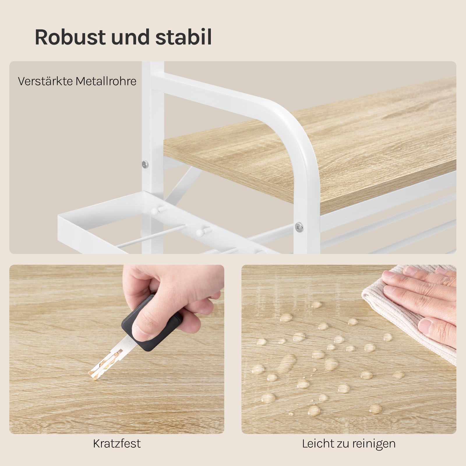 WOLTU Kleiderständer, Garderobenständer mit Schuhregal, 9 Doppelhaken, Seitenablageschalen, für Flur Schlafzimmer, 80x190x30 cm, Helle Eiche + Weiß