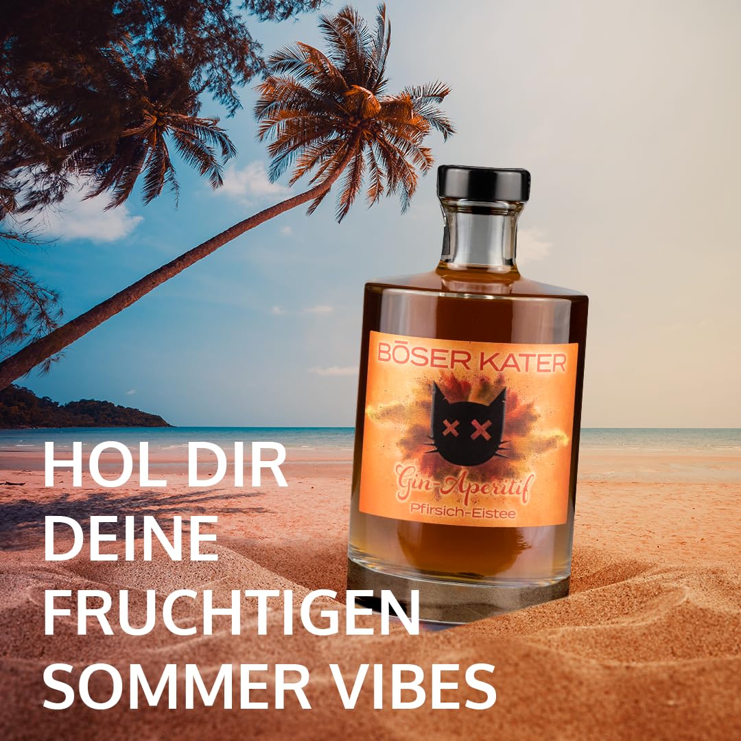 Böser Kater Pfirsich-Eistee Gin Aperitif Geschenkset mit 2 Gläsern 0,5l | Handgemacht & Ideal für erfrischende Sommer Cocktails | Das perfekte Gin Geschenk in hochwertiger Box 15,2% Vol.